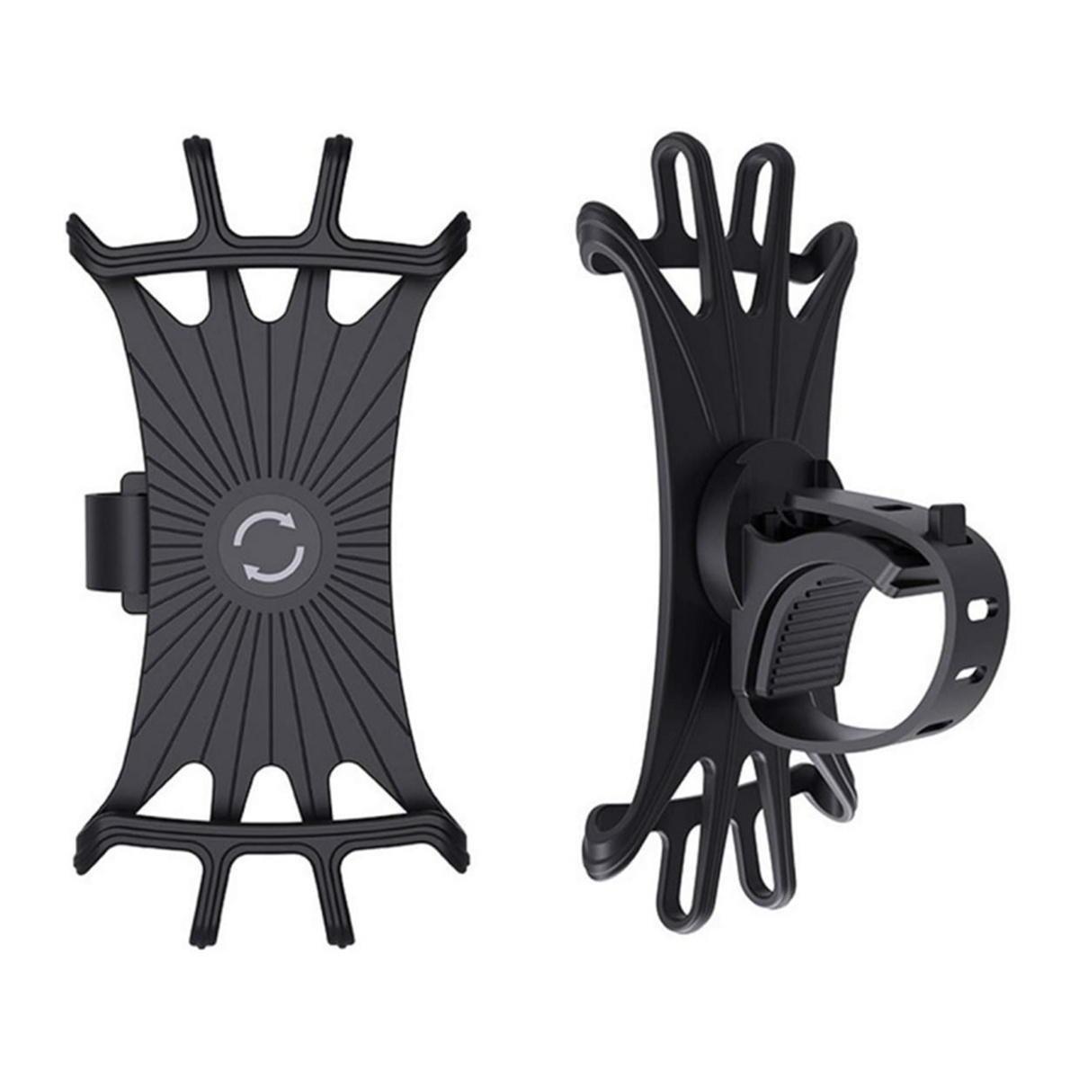 Zwei schwarze Telefonhalter für ein Fahrrad. Einer zeigt die Vorderseite, der andere die Rückseite mit Lenkerhalterung.