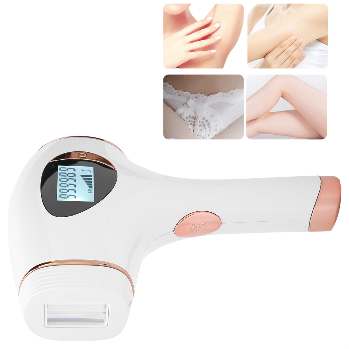 Ein weißes Haarentfernungsgerät mit Digitalanzeige und vier Bildern.