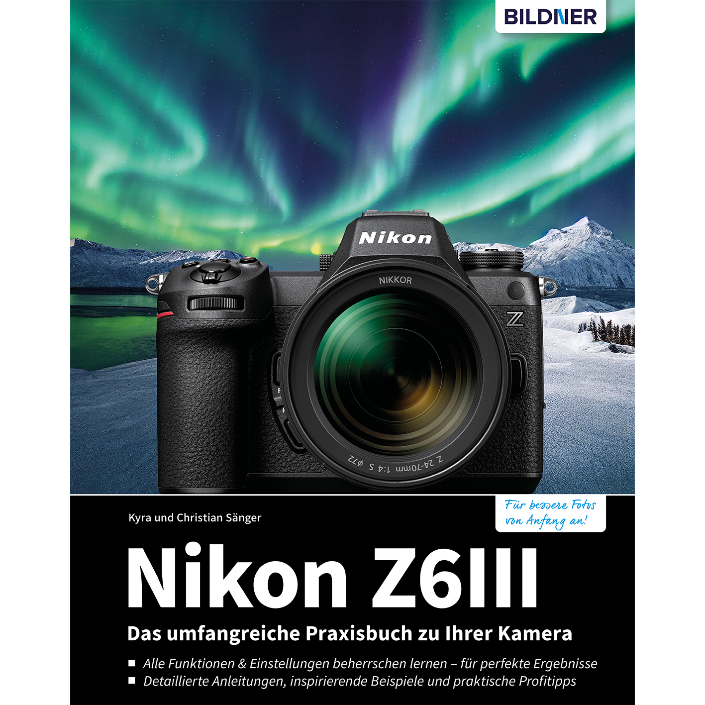 Buchcover einer Nikon-Kamera mit Nordlichter-Hintergrund.