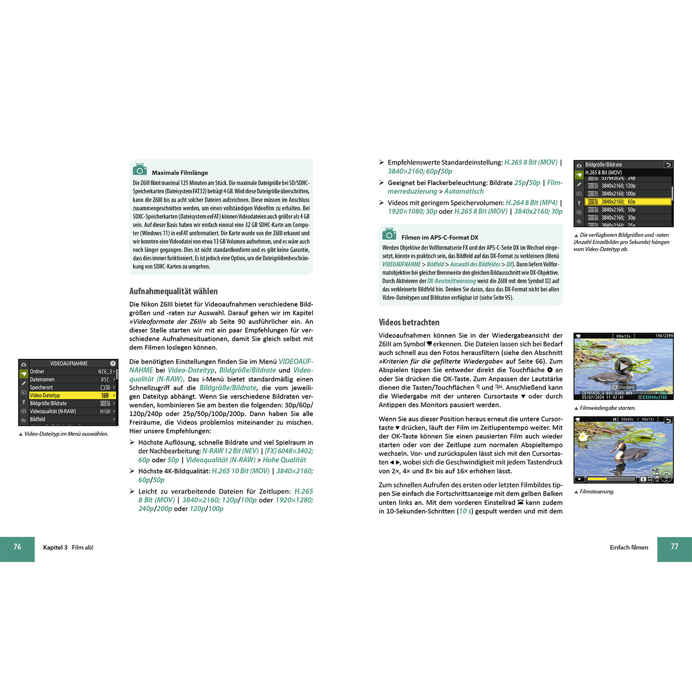 Seite mit Text zu Videoeinstellungen und einem Screenshot eines Bildschirms.