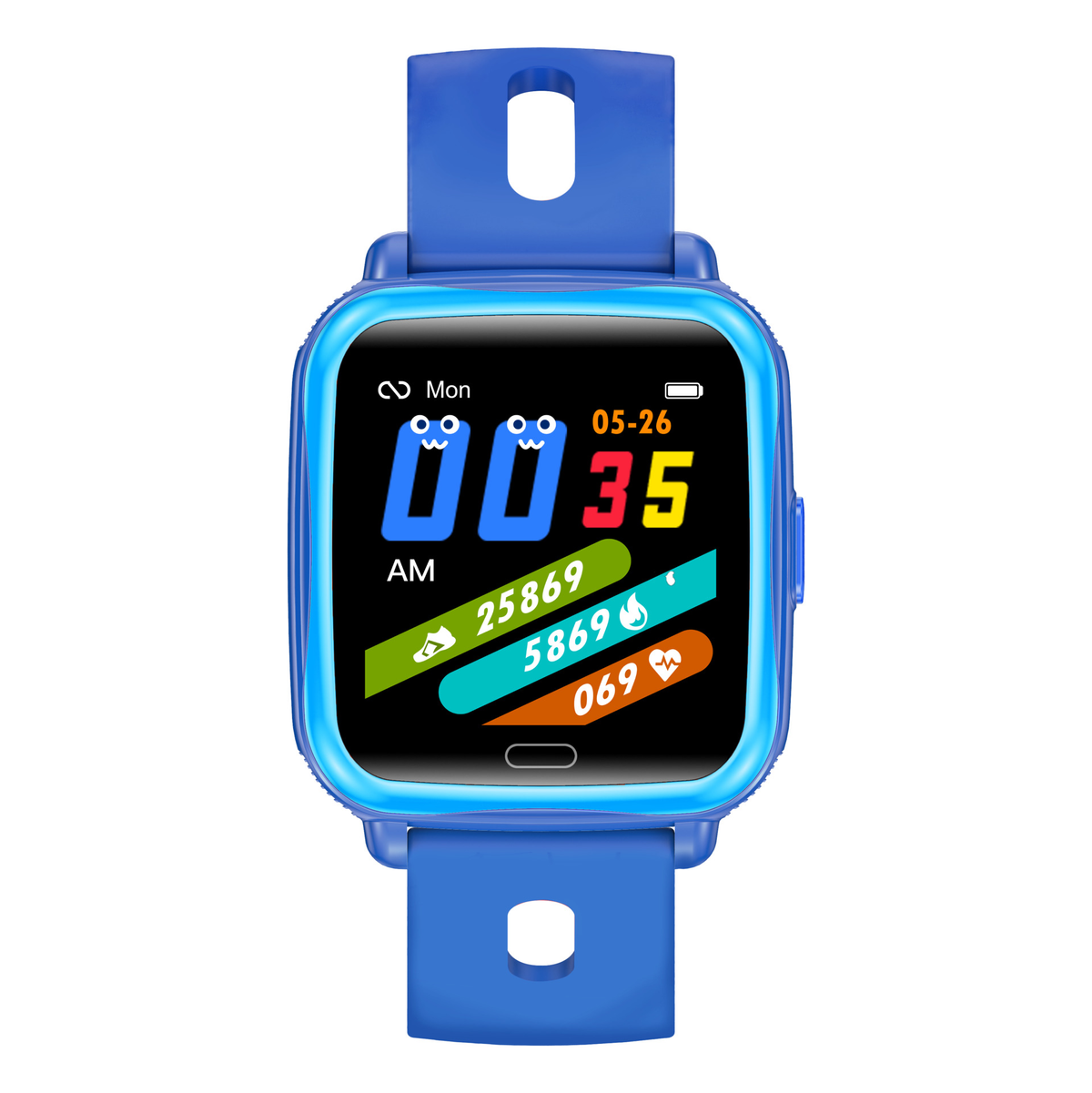 Un reloj inteligente azul con pantalla que muestra la fecha, hora, pasos y frecuencia cardíaca.