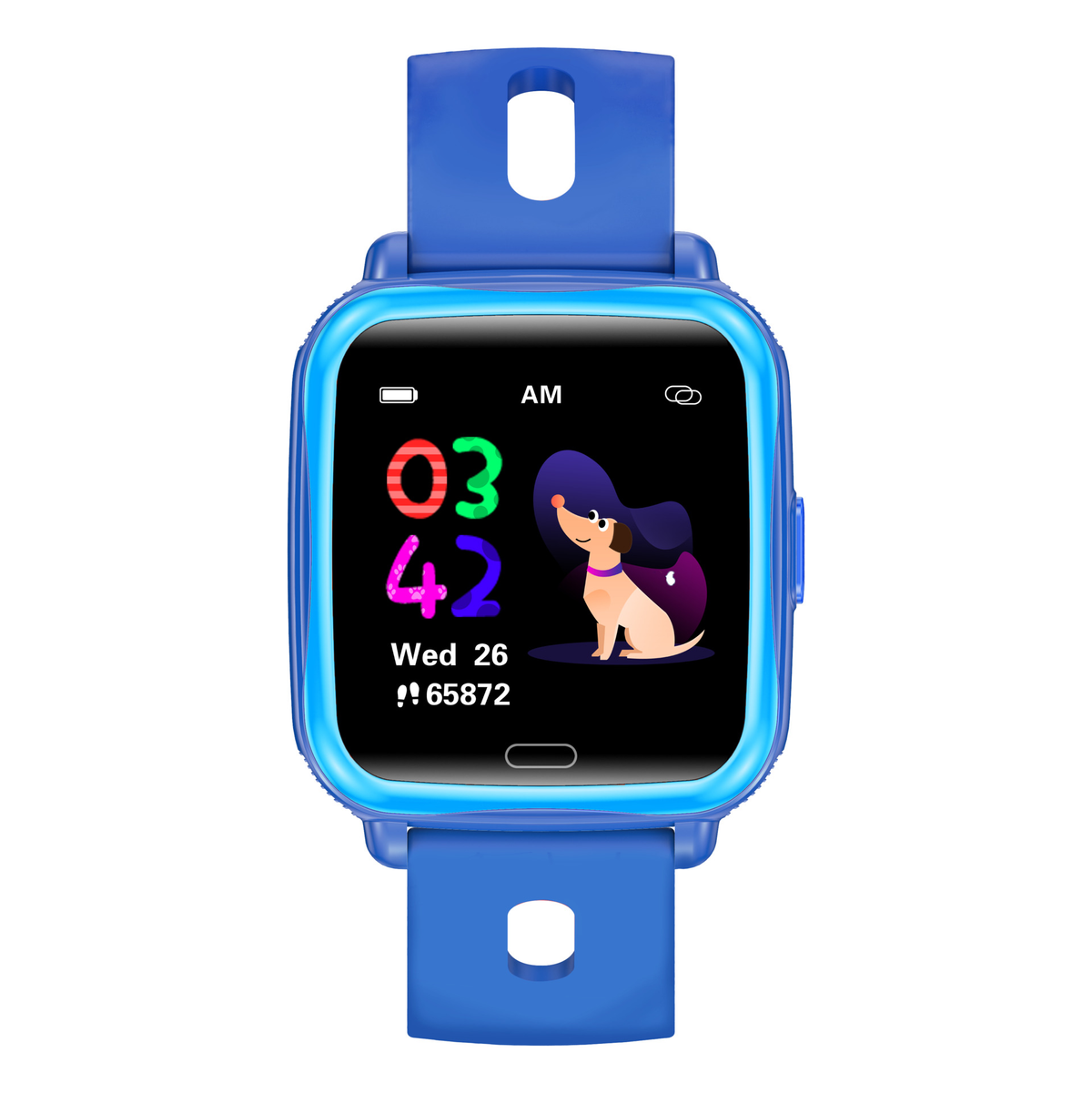 Un reloj inteligente azul con un personaje de perro en la pantalla, mostrando hora, fecha e información de actividad.