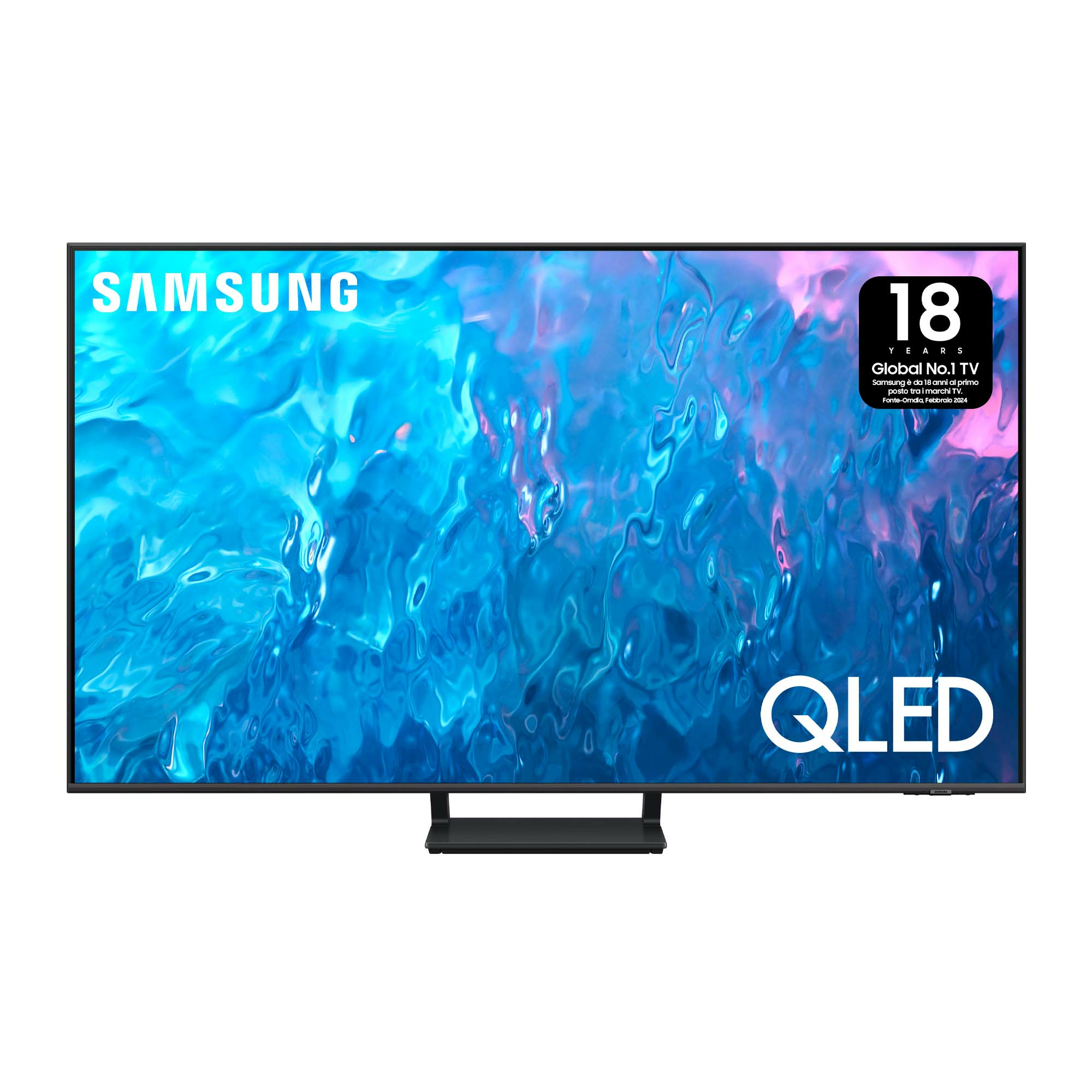 Telewizor Samsung QLED, czarny stojak, ekran z niebieskimi i różowymi wzorami.