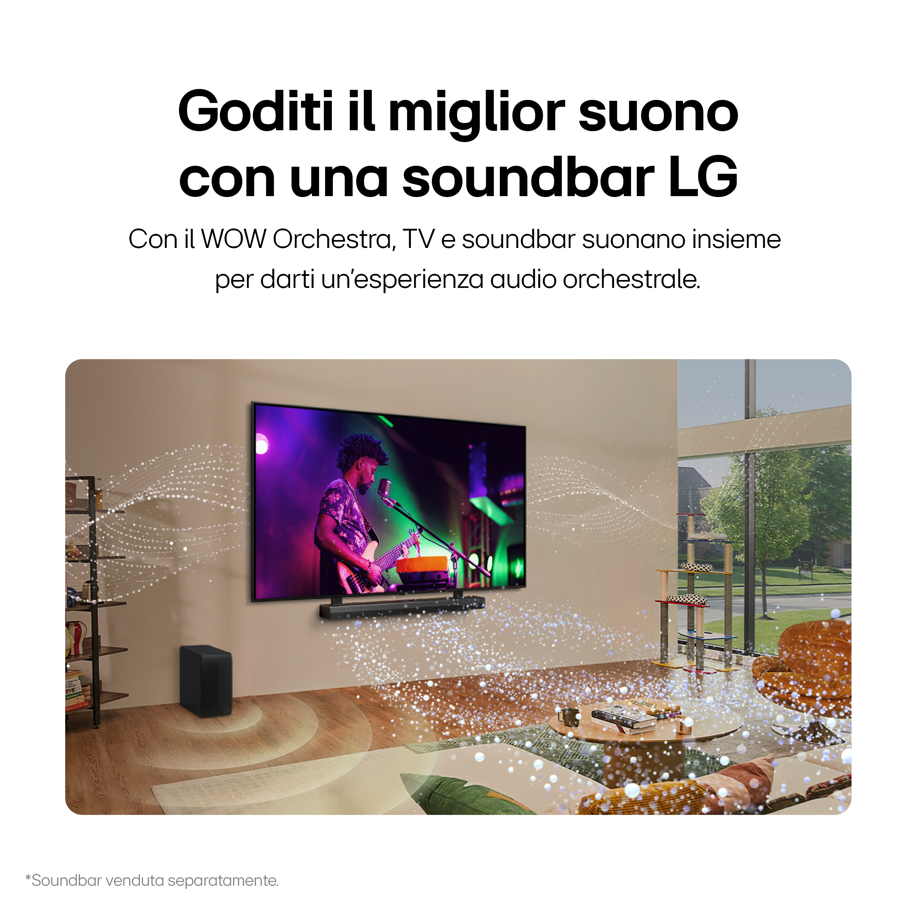 Soggiorno con TV, soundbar e subwoofer. Punti e linee emanano dalla TV.