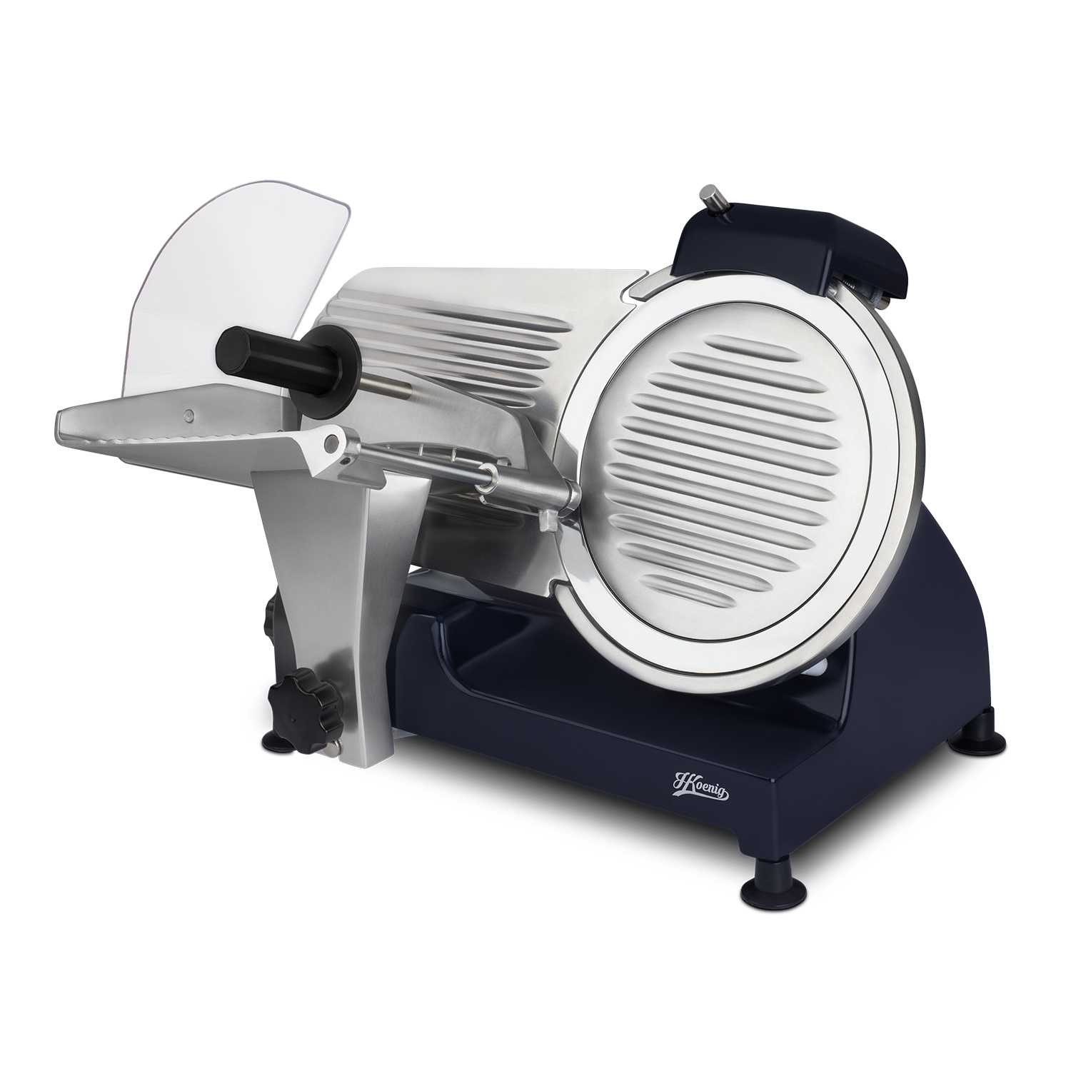 Metalowa i granatowa krajalnica do mięsa Koenig z ostrzem i czarnym uchwytem.