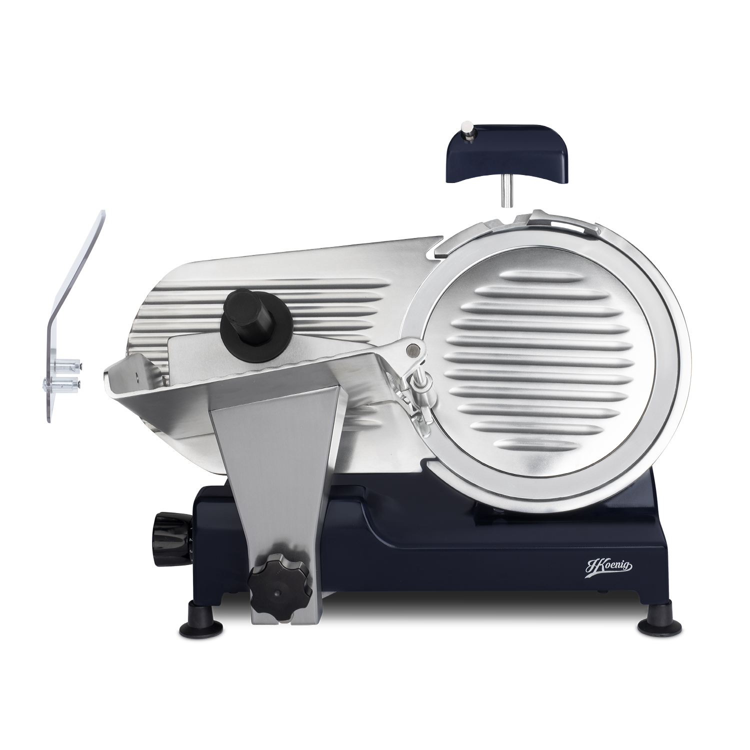 Krajalnica do mięsa ze stali nierdzewnej i czarna na białym tle.