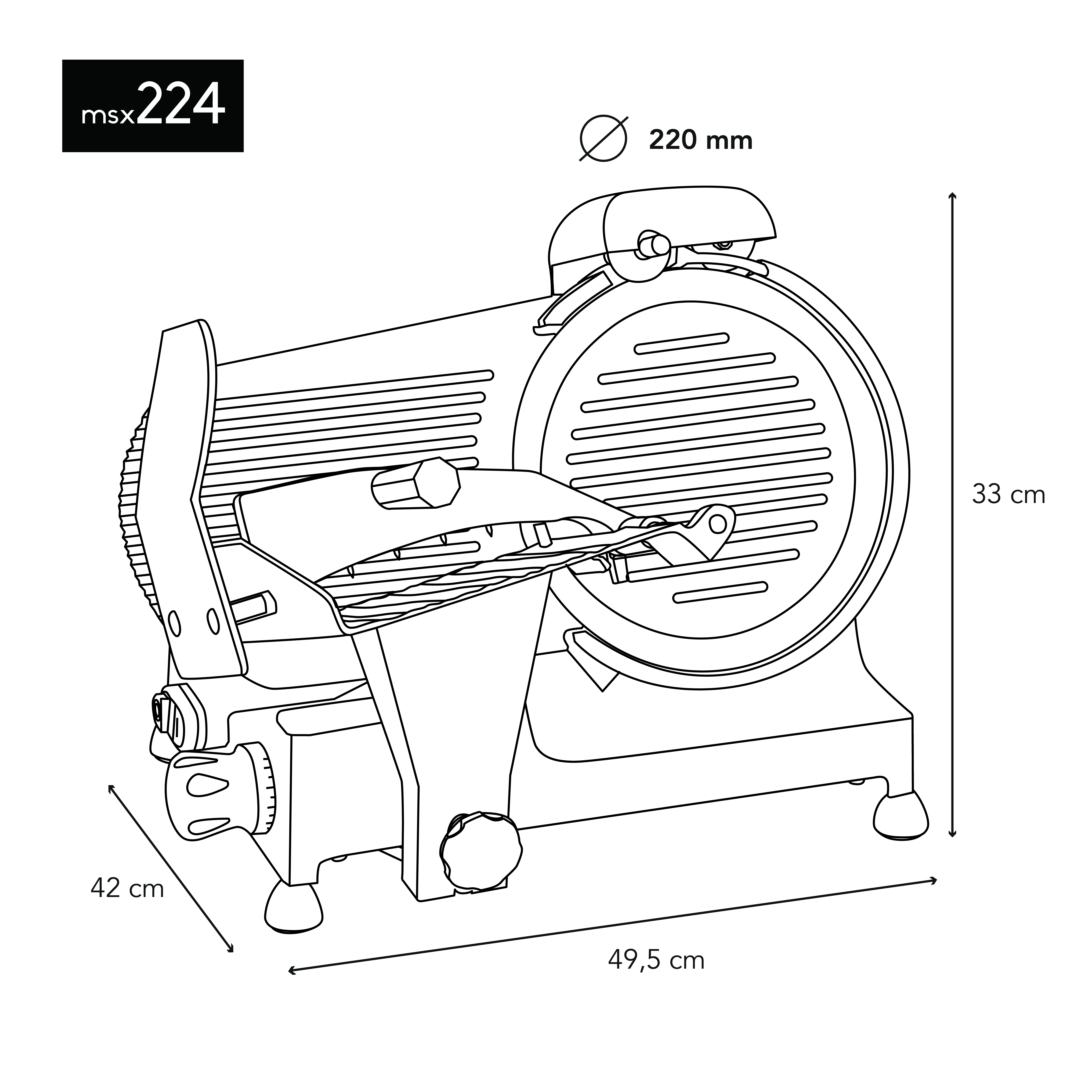 Un disegno al tratto di un'affettatrice con dimensioni: 42 cm, 49,5 cm e 33 cm.
