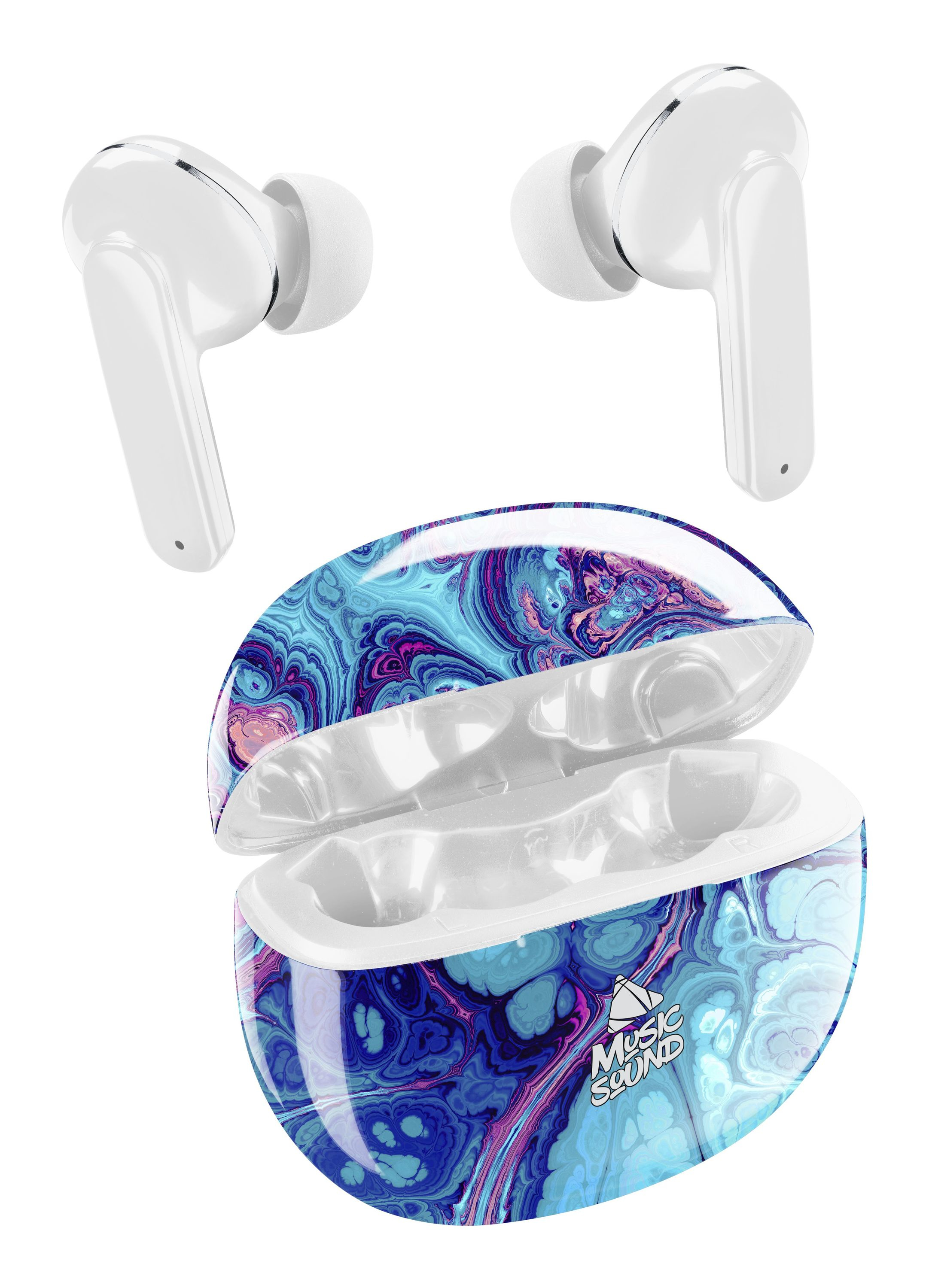 Auricolari bianchi sopra una custodia di ricarica aperta con un motivo a vortice blu, viola e rosa. La custodia ha 'Music Sound'.