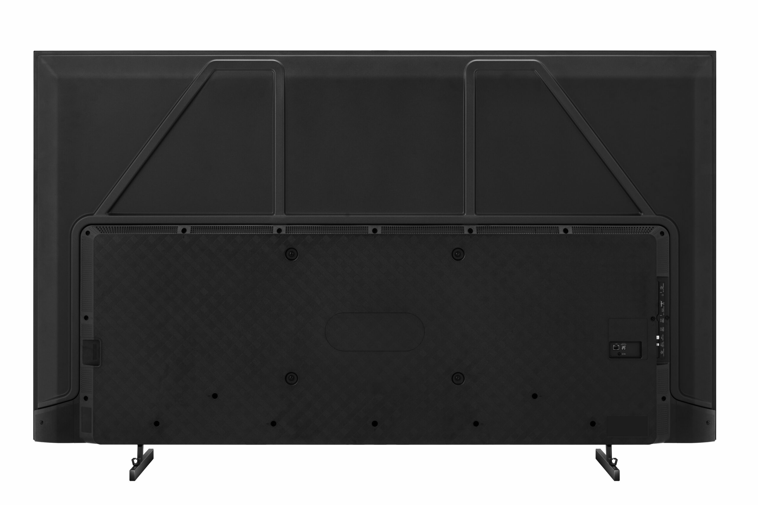 Tył czarnego telewizora z podpórką i portami połączeniowymi.