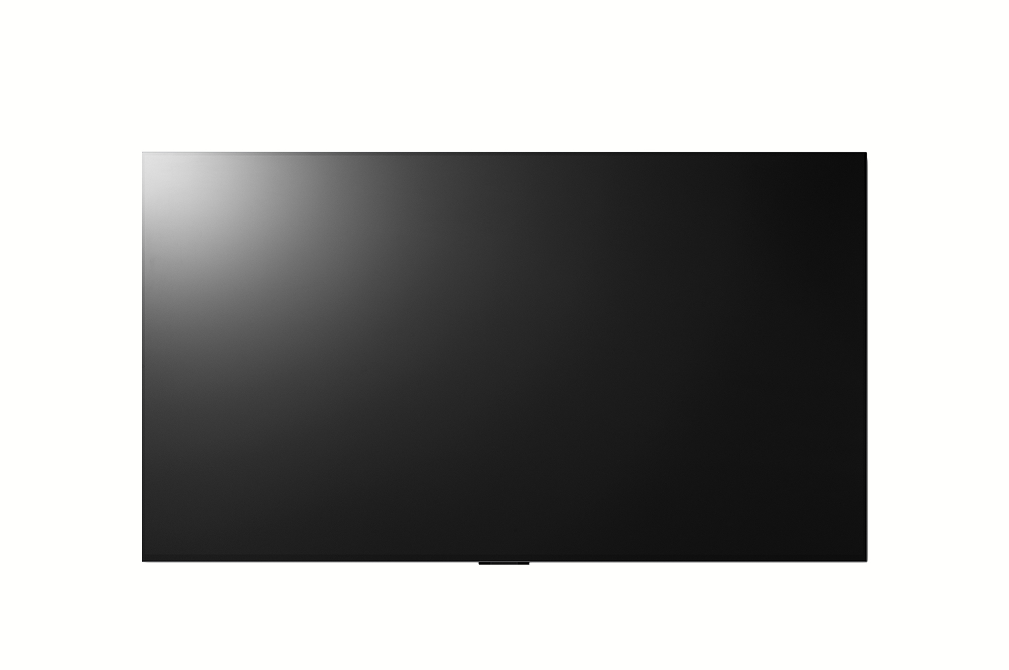 Grande schermo TV nero rettangolare su sfondo bianco.