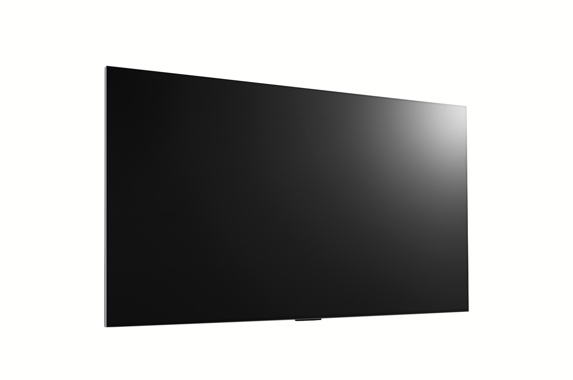 Grande TV a schermo piatto nero su sfondo bianco. Vista angolata, che mostra lo schermo.