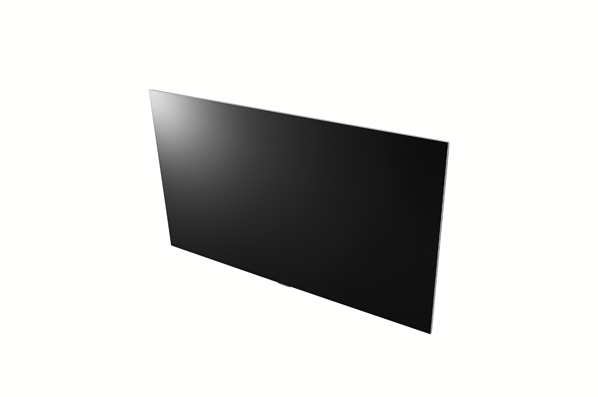 Un televisore nero widescreen su sfondo bianco. Lo schermo è spento, mostrando una superficie nera.
