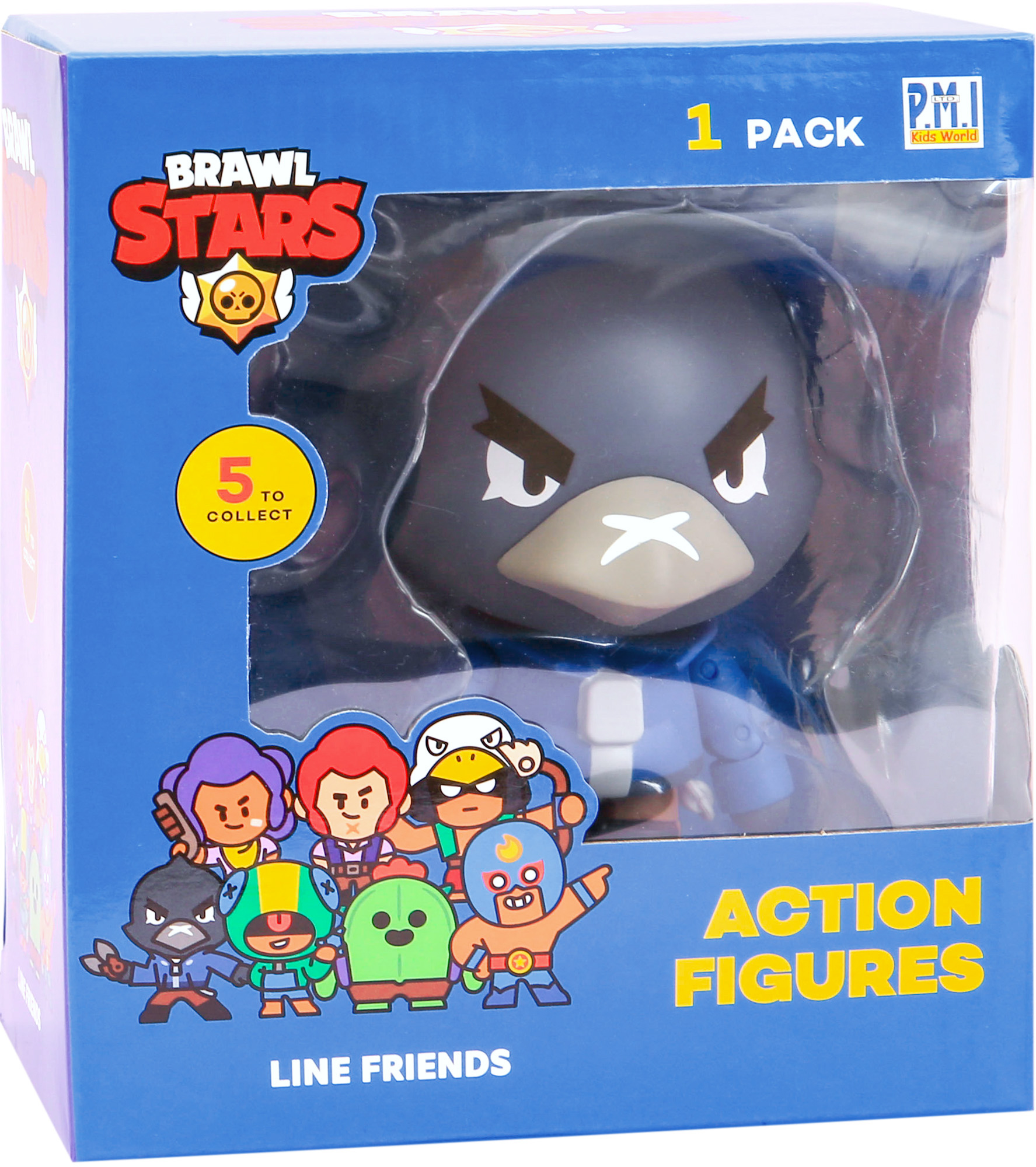Brawl Stars Figur in einer Box: Cartoon-Figur mit dunkler Kapuze und andere Figuren auf der Box.