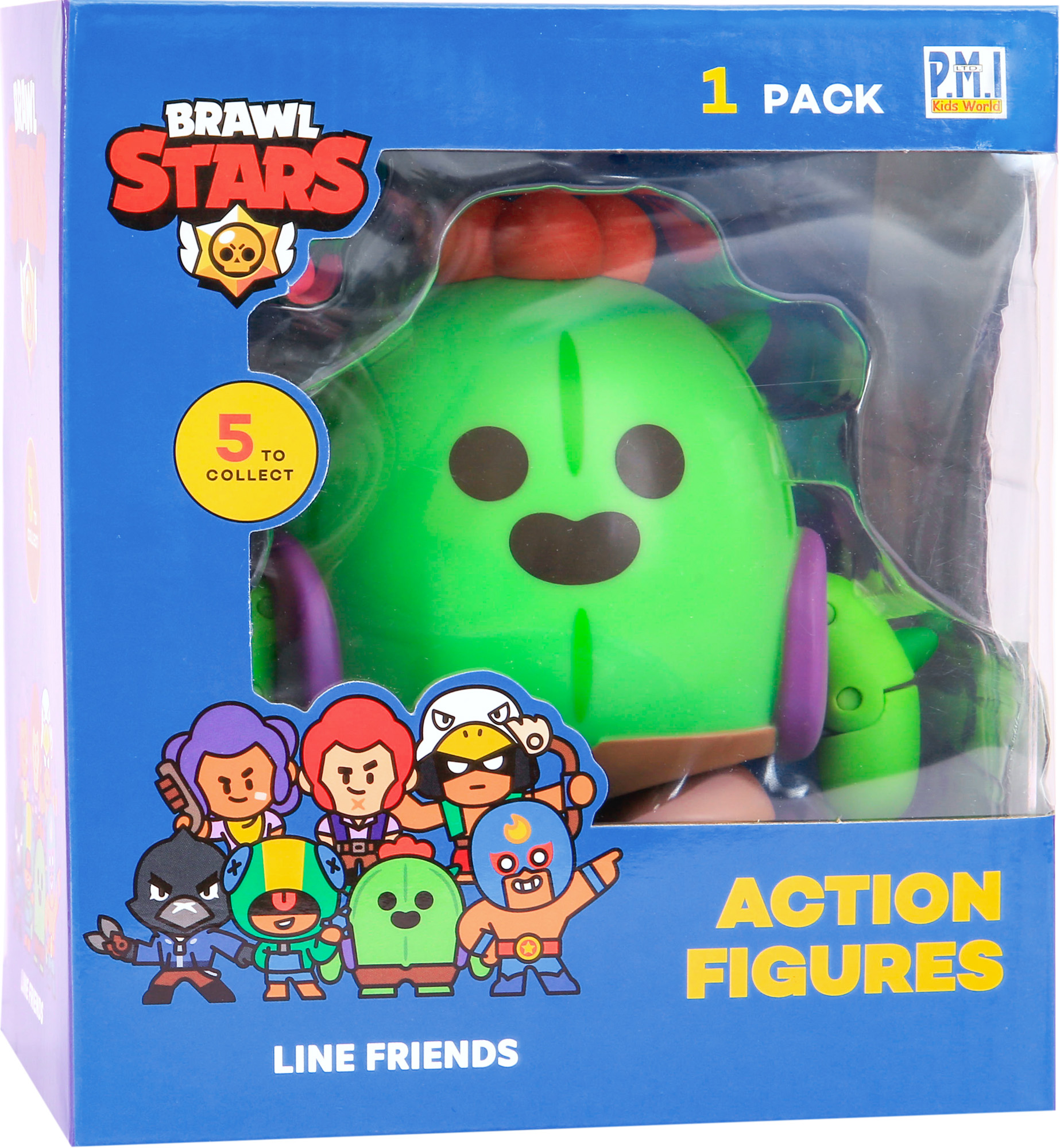 Ein Spielzeug einer grünen, stacheligen Kaktusfigur befindet sich in einer Box. Die Box hat Cartoon-Charaktere darauf.
