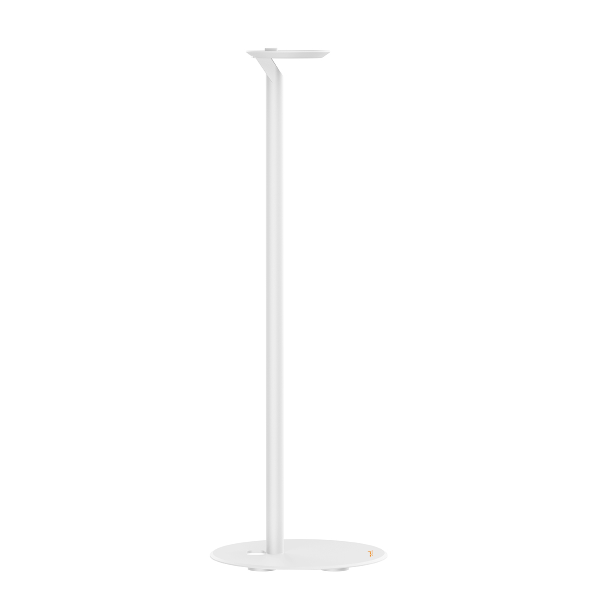 Eine weiße Stehlampe mit rundem Fuß und vertikaler Stange, mit kleinem Licht oben.