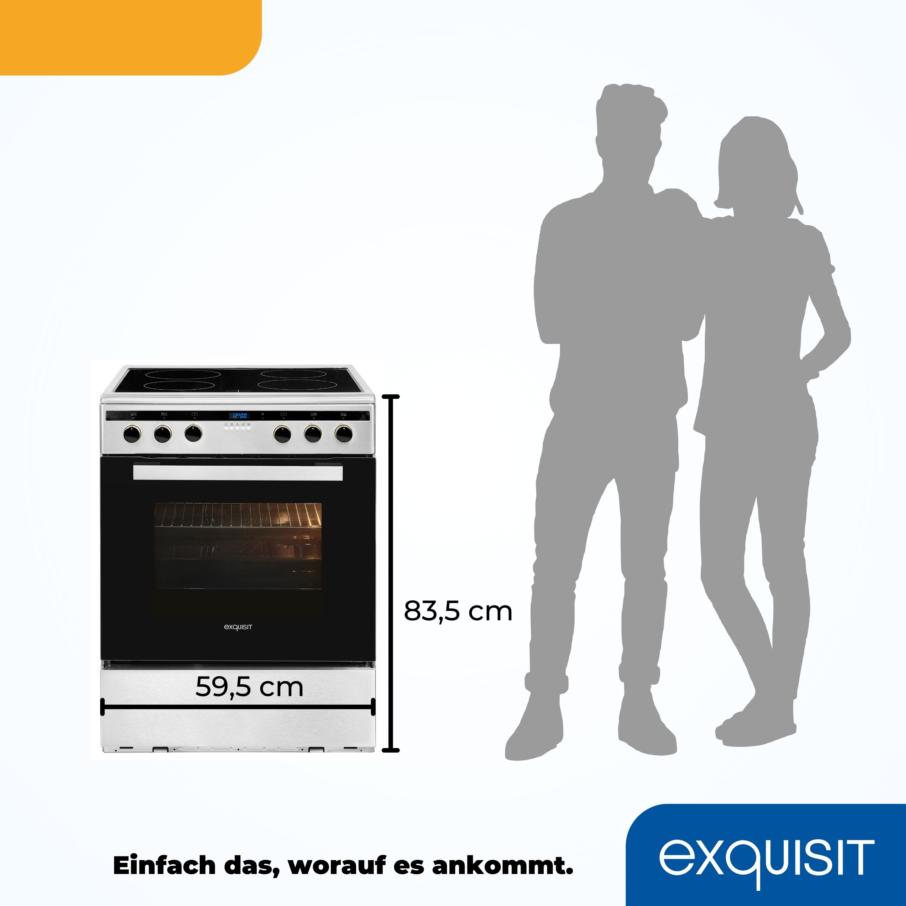 Ein weißer und schwarzer Elektroherd mit einer Personensilhouette eines Paares rechts.