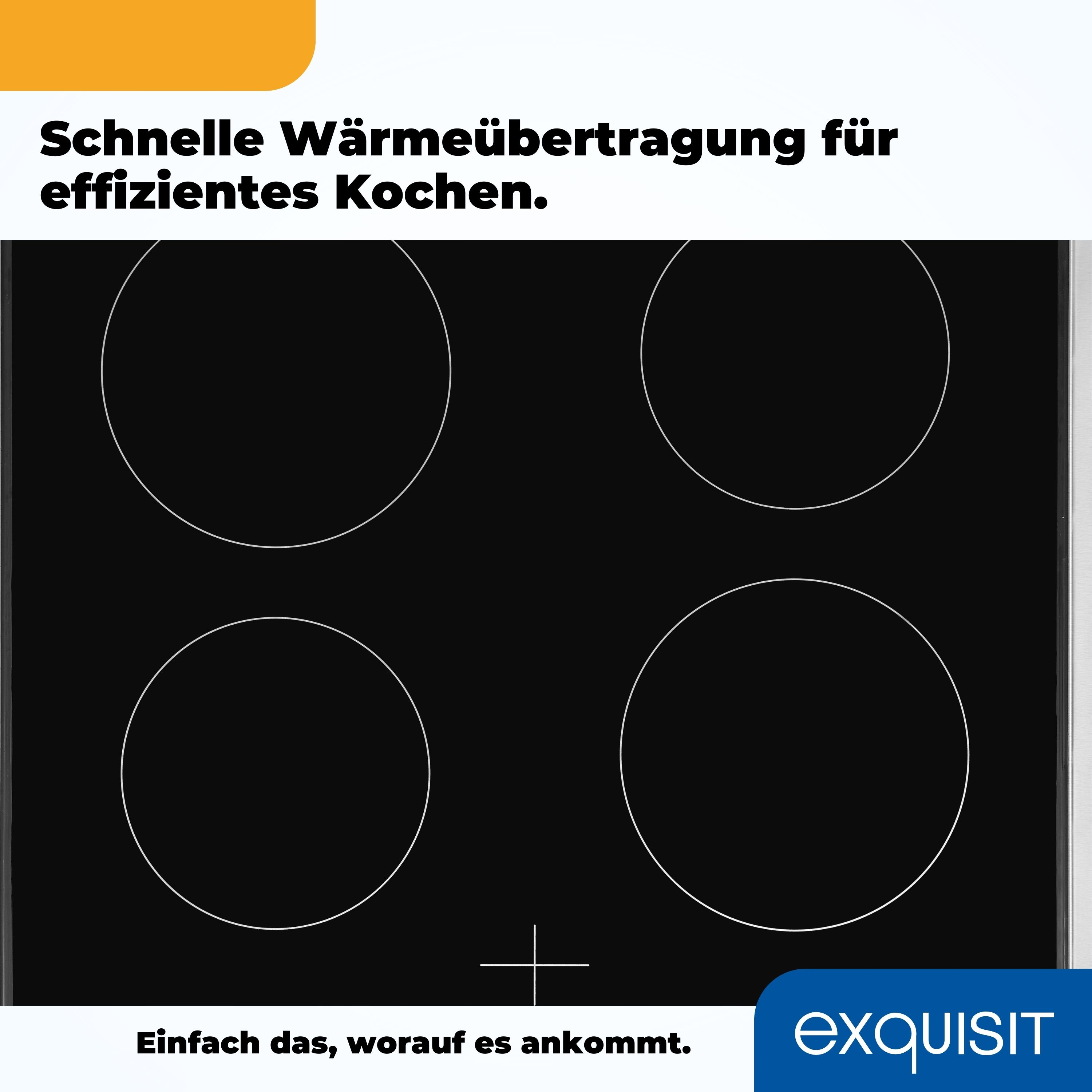 Schwarzes elektrisches Kochfeld mit vier kreisförmigen Kochfeldern und einem Pluszeichen.