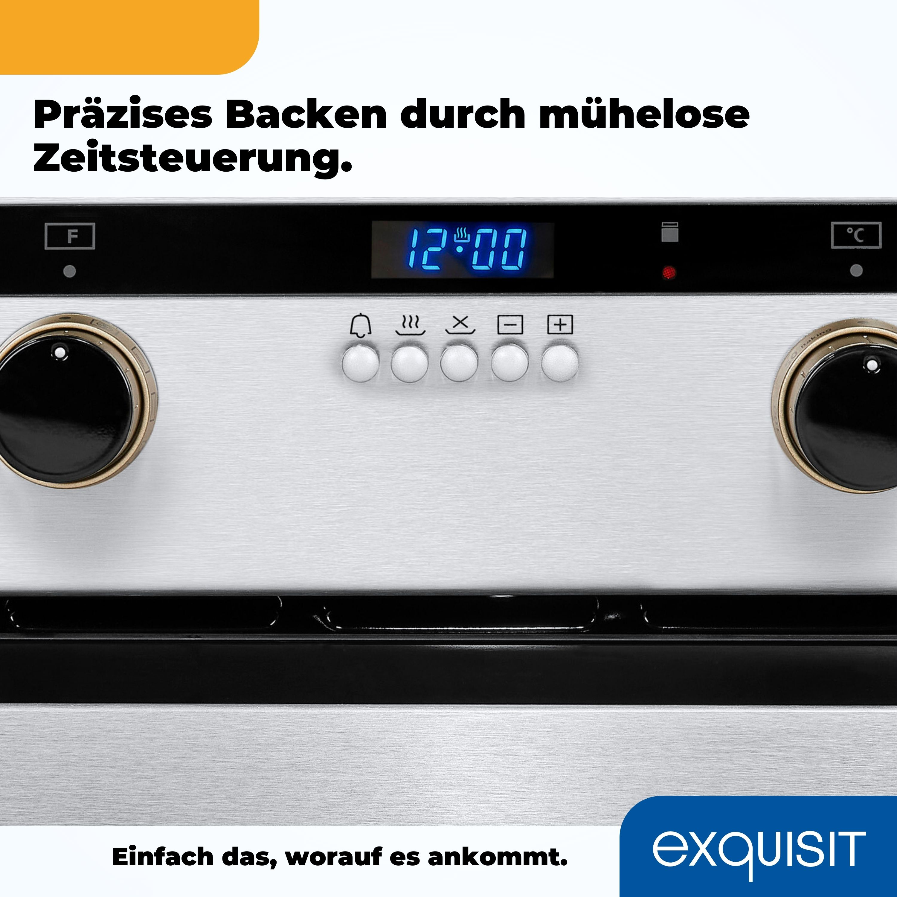Ein silbernes Backofen-Bedienfeld mit Knöpfen, digitaler Uhranzeige und Text.