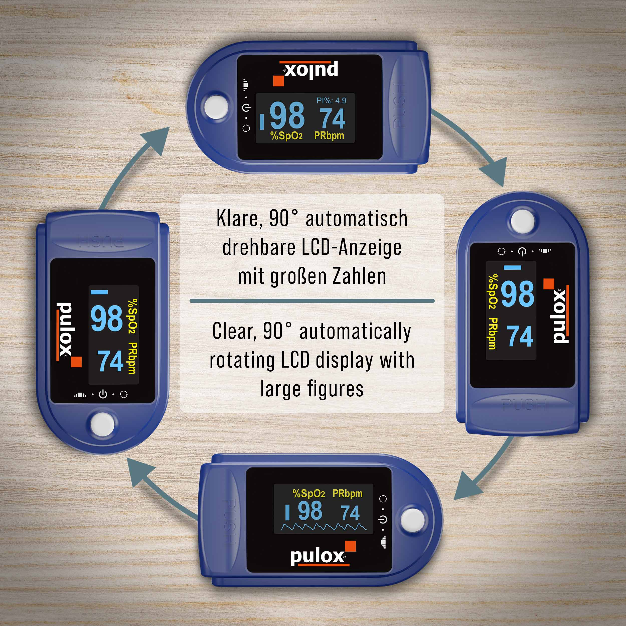 Ein Pulsoximeter mit Messwerten, mit rotierenden Ansichten und einem Holzuntergrund.