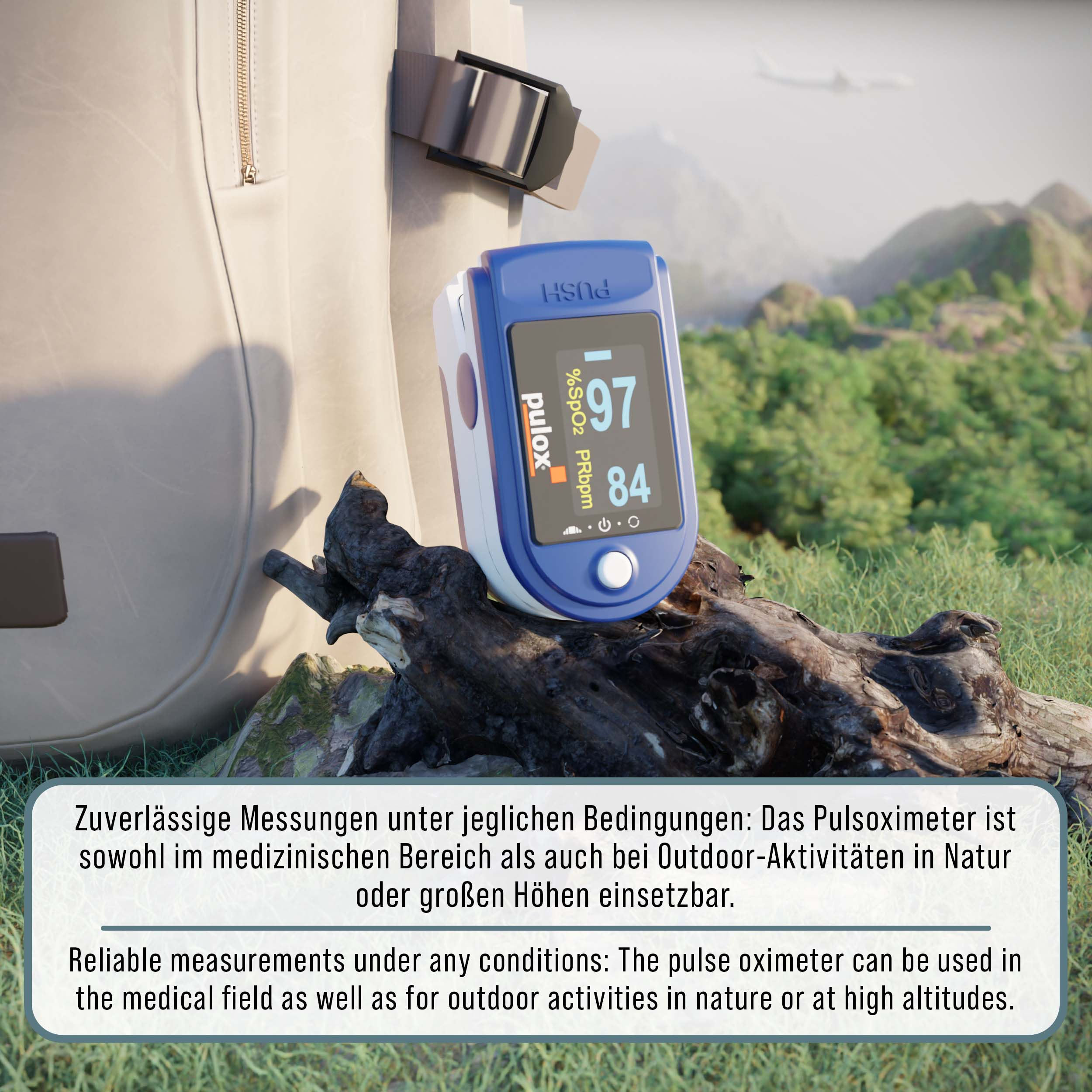 Pulsoximeter auf einem Holzstamm, mit Text über zuverlässige Messungen unter allen Bedingungen.