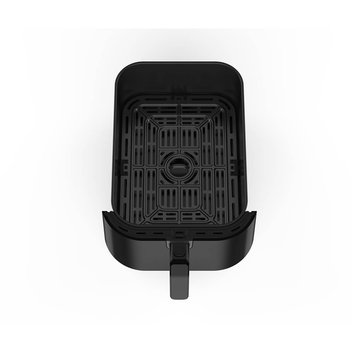 Czarny kosz do frytkownicy beztłuszczowej, pusty, z uchwytem i otwartą górą, widok z góry.