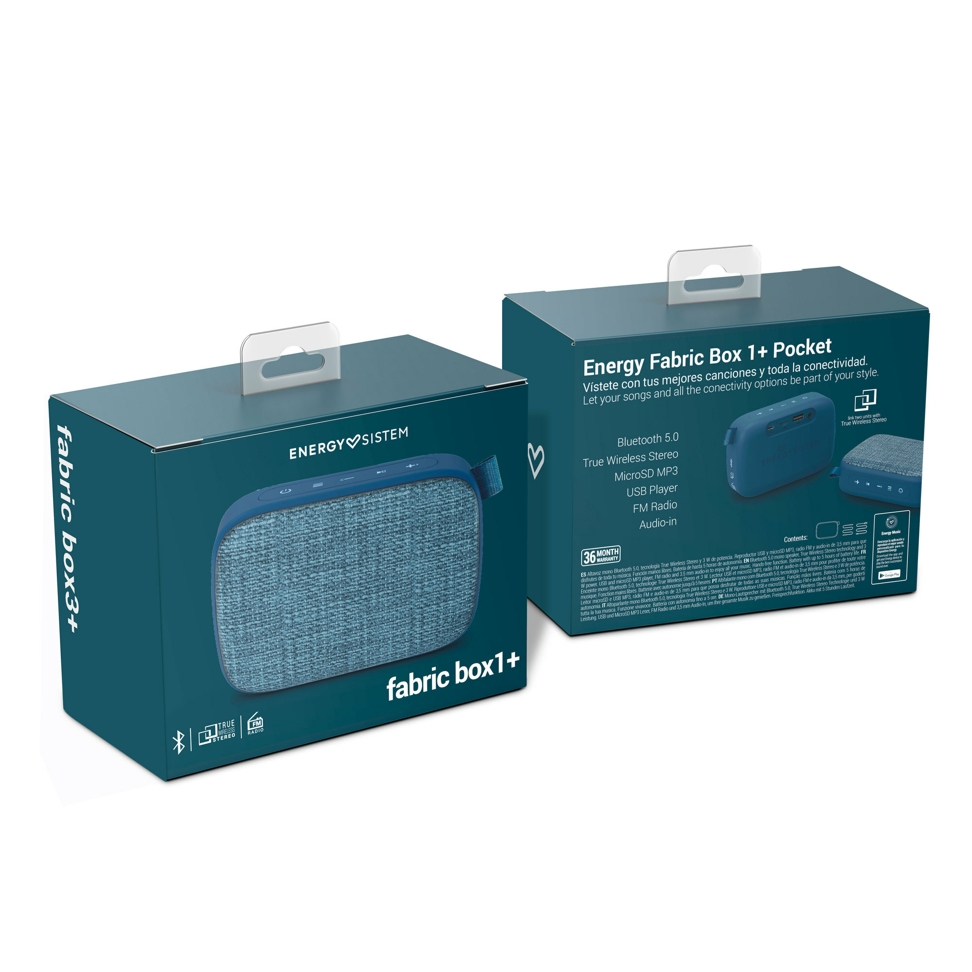 Dwa niebieskie pudełka z niebieskim głośnikiem. Tekst: 'fabric box 1+' i 'fabric box 3+'.