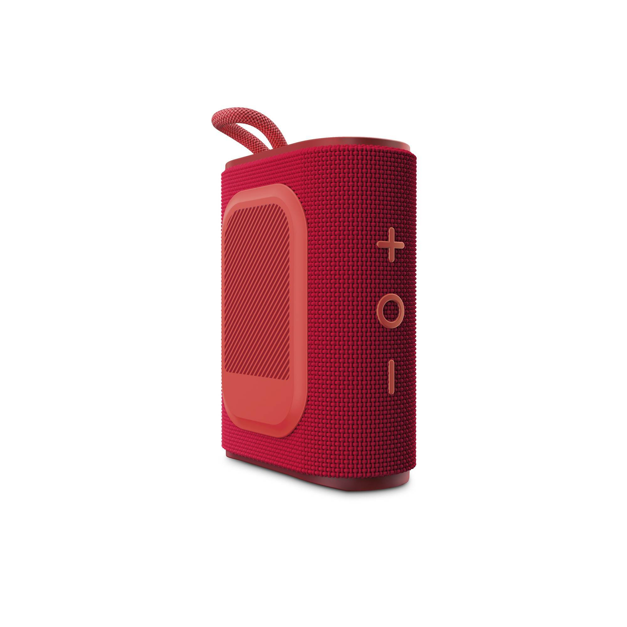 Altavoz portátil rojo con botones de volumen, aislado en blanco.