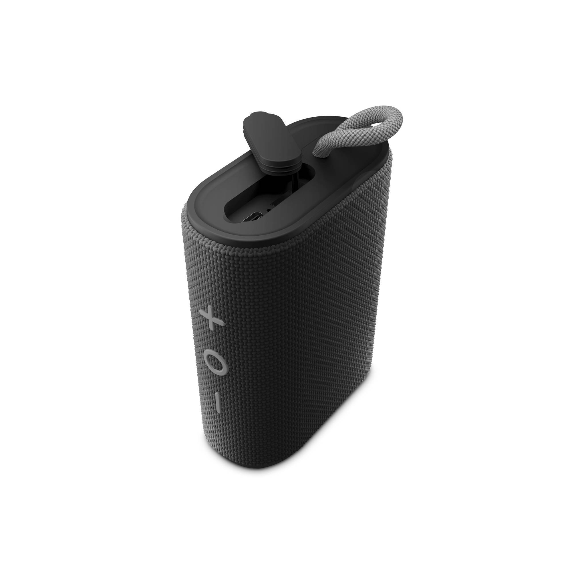 Altavoz portátil negro con un lazo gris.