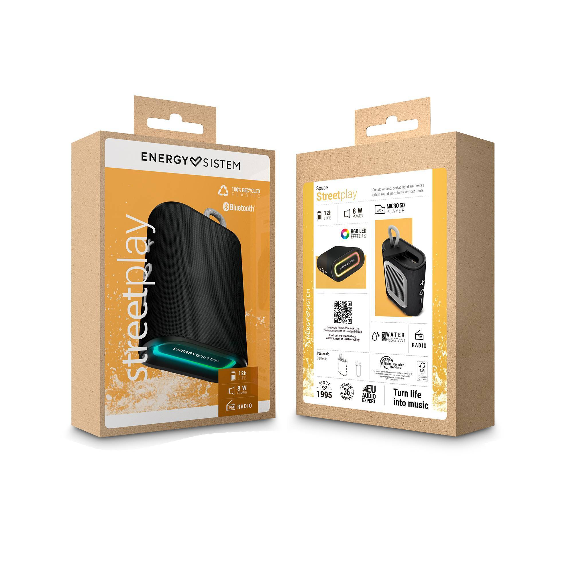 Dos cajas de cartón para un altavoz. Una muestra el altavoz y texto, la otra tiene un código QR.
