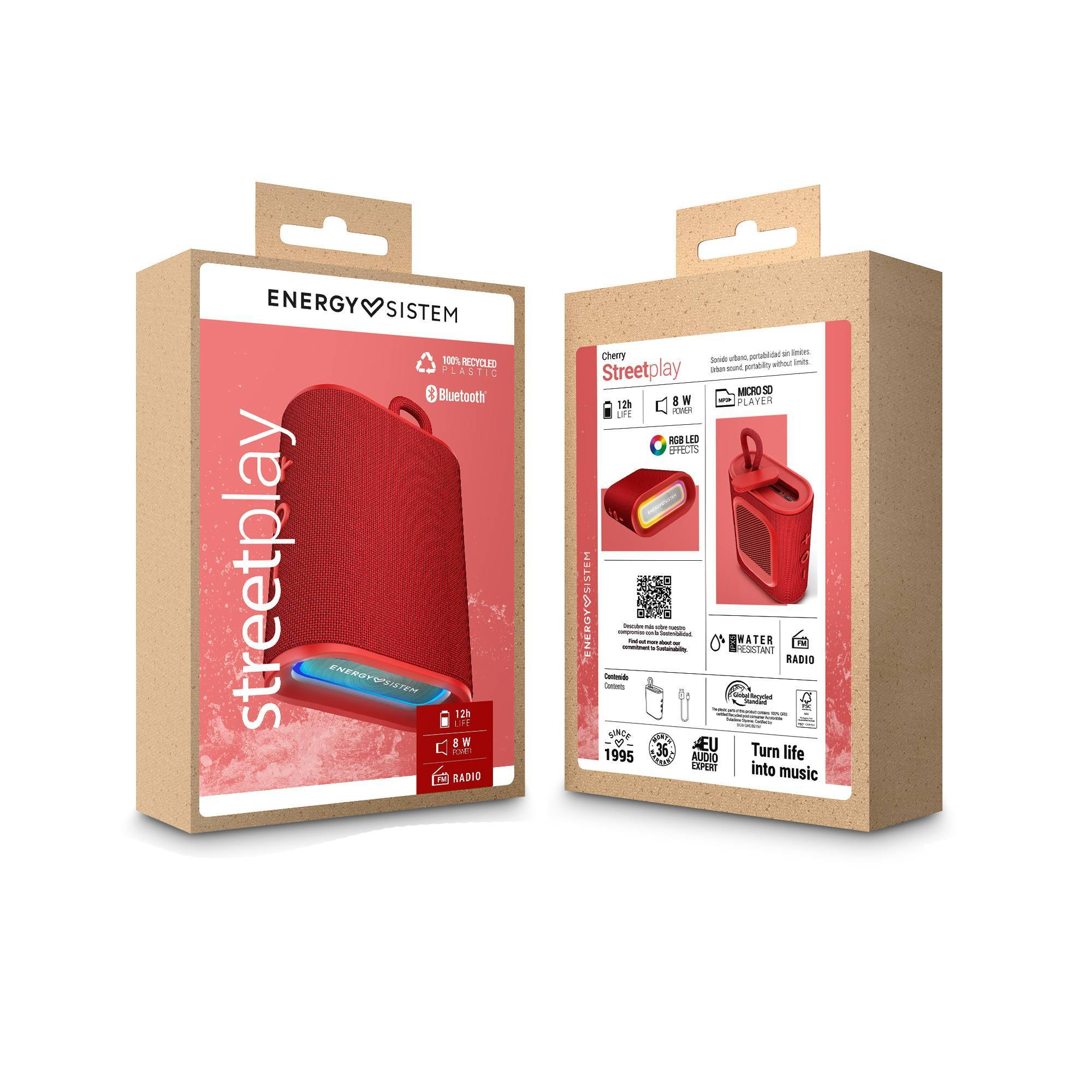 Dos cajas de altavoces rectangulares rojas en embalaje de cartón. Marca Energy Sistem.