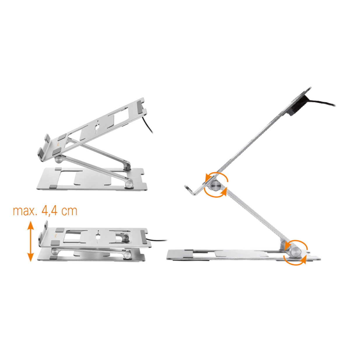 Silberner Laptopständer in mehreren Ansichten, höhenverstellbar. Maximale Höhe: 4,4 cm.