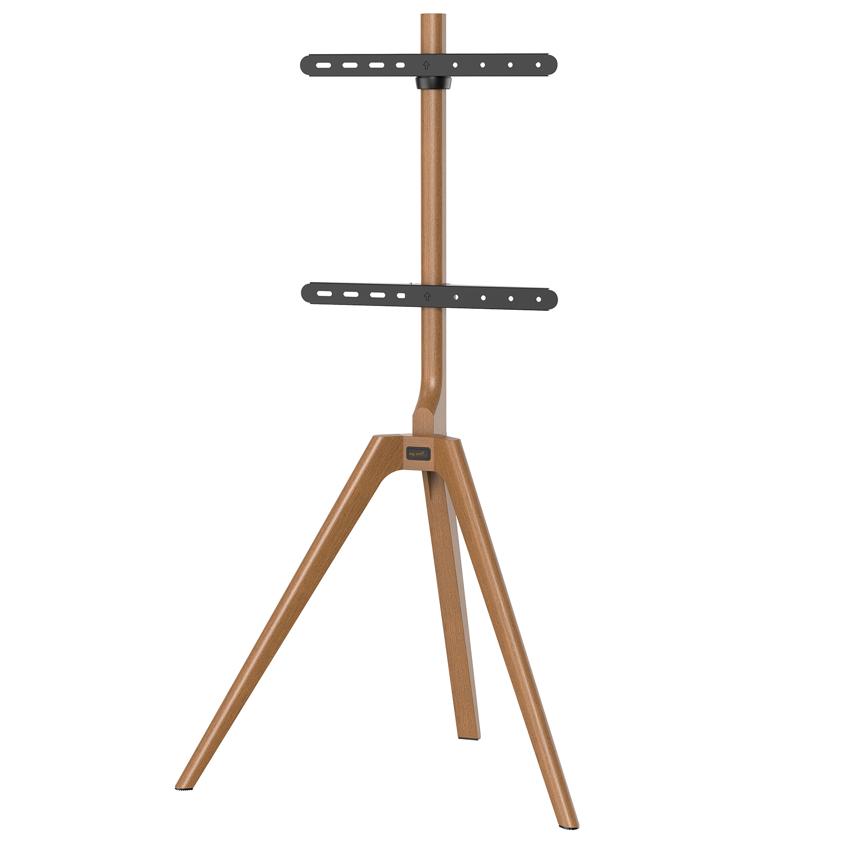 Ein TV-Ständer aus Holz mit einem Stativfuß, zwei Montagehalterungen und einer Mittelsäule.
