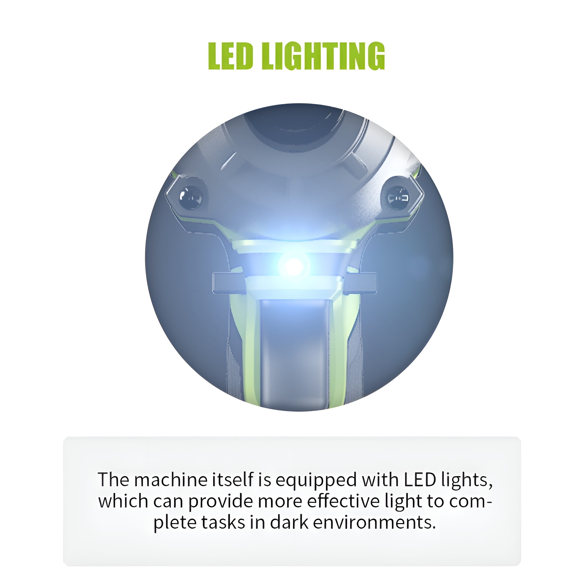 Nahaufnahme der Lichtquelle einer Maschine. Die Maschine wird durch eine helle LED-Beleuchtung hervorgehoben.