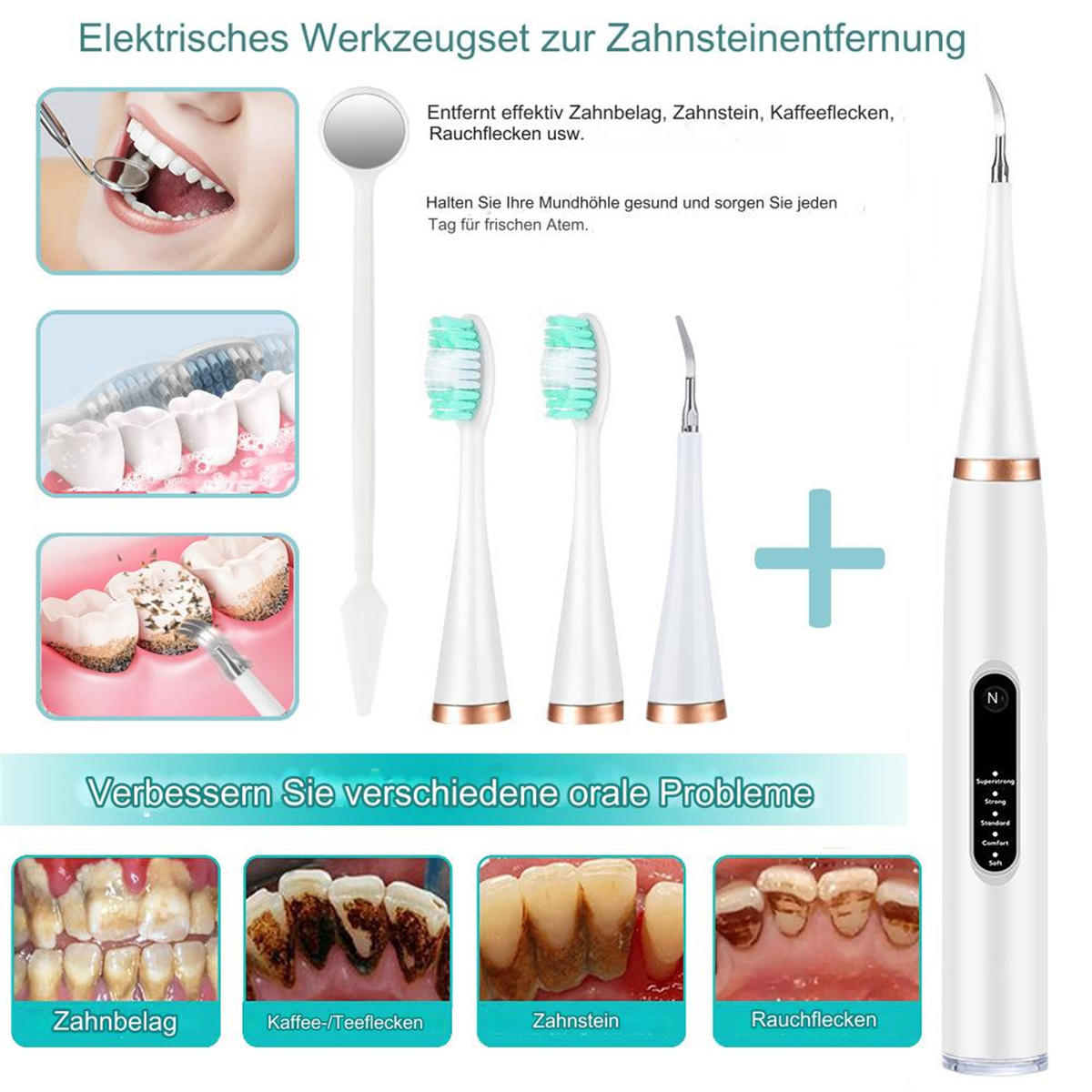 Zahnreinigungswerkzeug-Set. Enthält Spiegel, Scaler, Bürsten und Gerät mit Display.