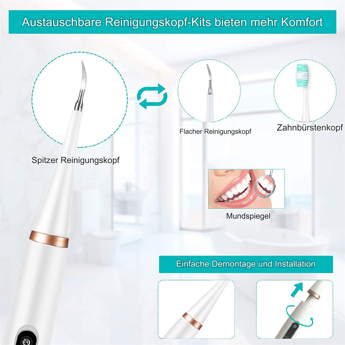 Diagramm eines Zahnsteinentferners mit austauschbaren Reinigungsköpfen und Werkzeugen.