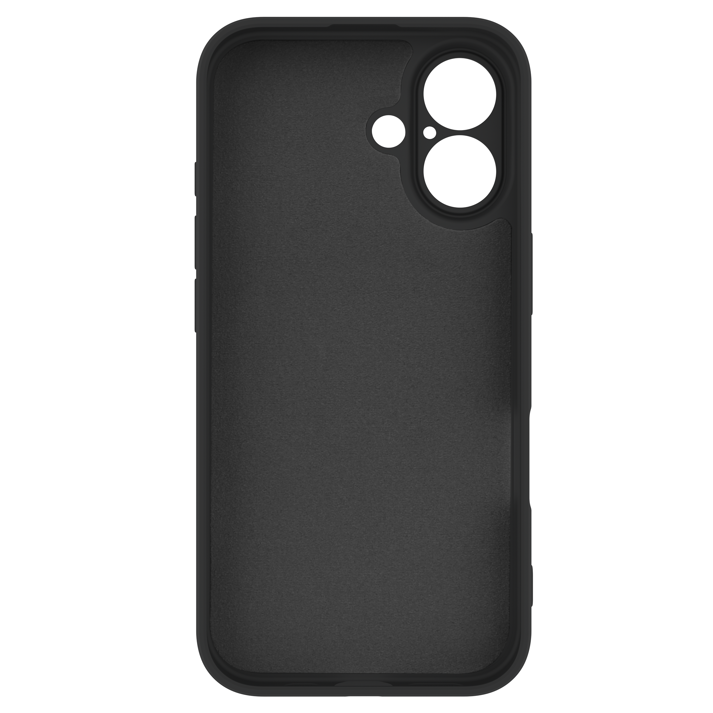 Die schwarze Schutzhülle für ein Telefon, mit Aussparungen für Kamera und Tasten.