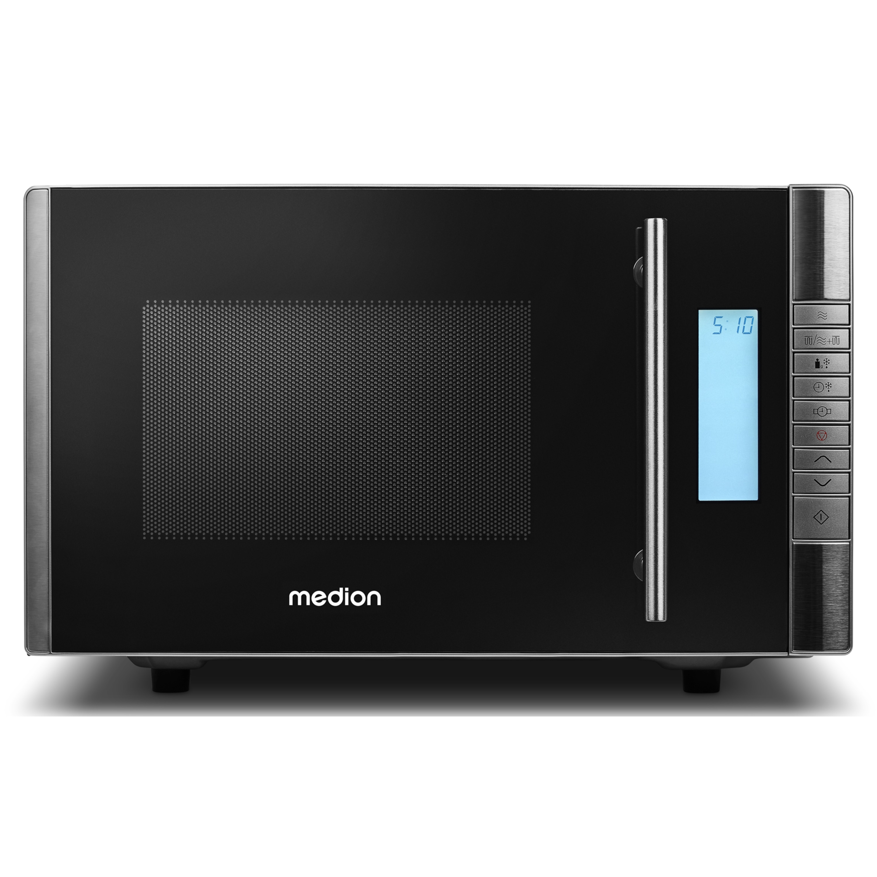 Microondas negro y plateado con pantalla digital que muestra la hora.