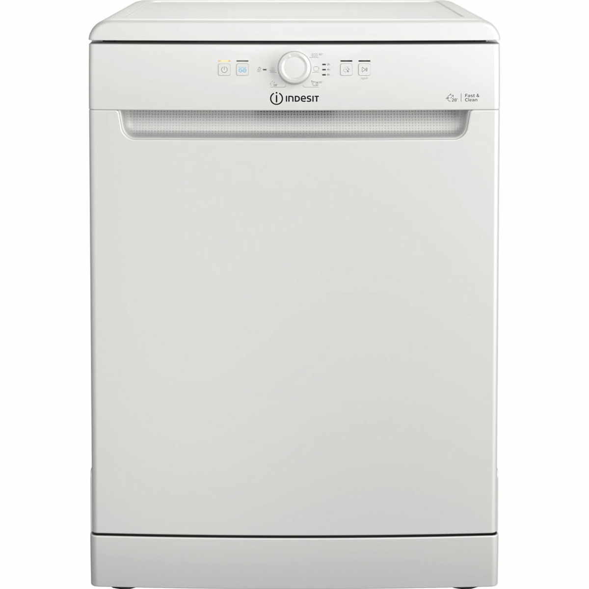 Un lavavajillas Indesit blanco. Tiene botones de control y un dial en la parte superior. La puerta es lisa.
