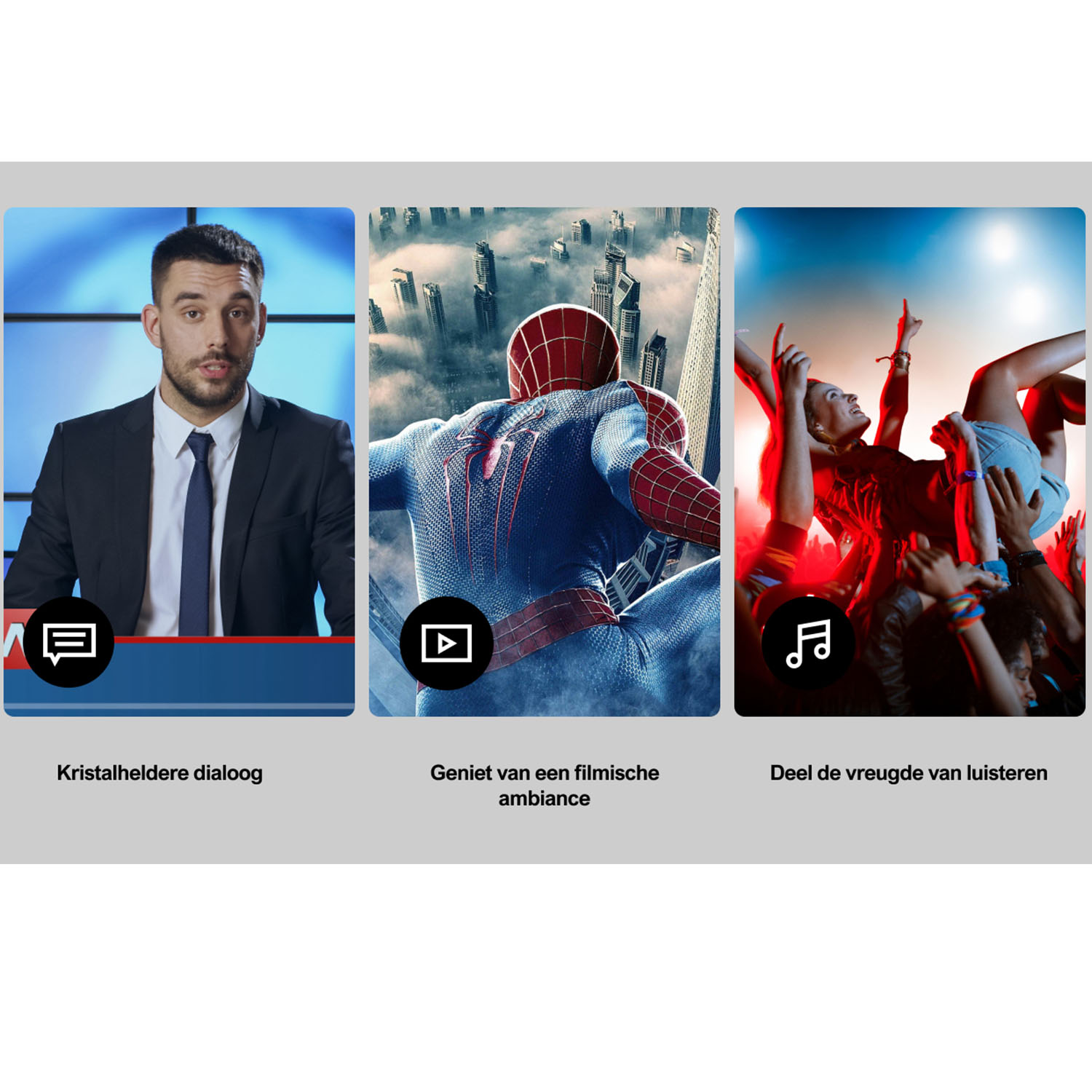 Three panels depicting a news anchor, Spider-Man, and a concert crowd.