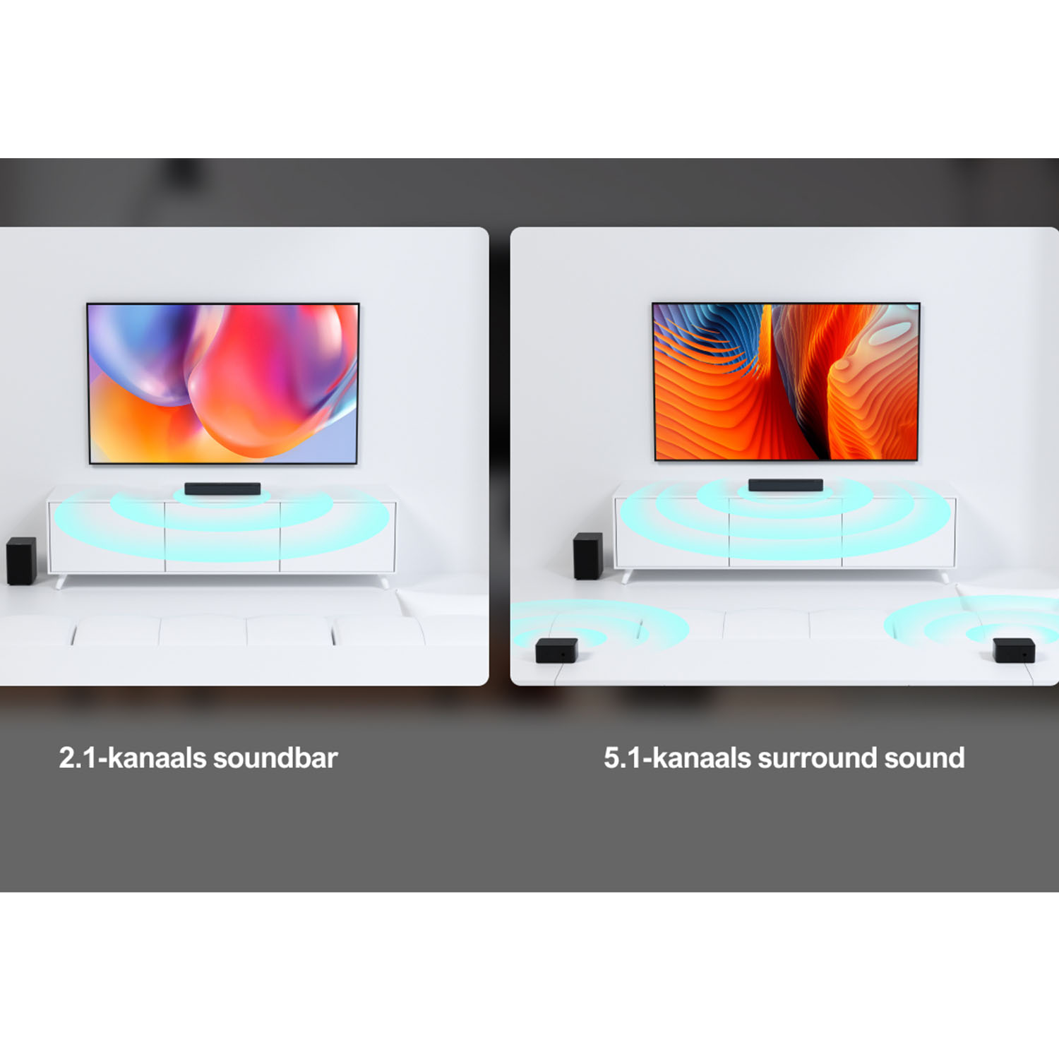Deux téléviseurs montrent des films. Une configuration est 2.1, l'autre est un son surround 5.1.
