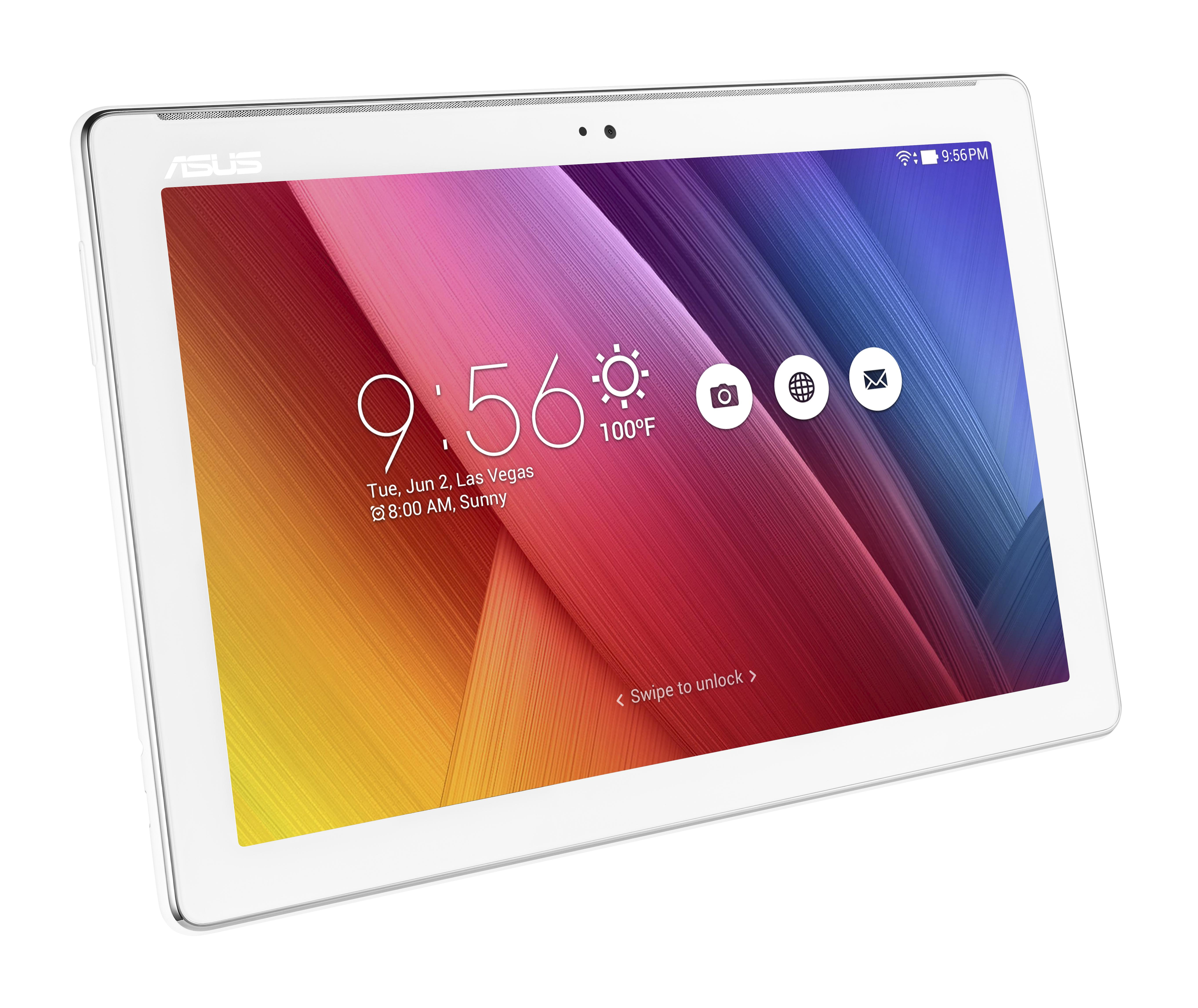 Weißes Tablet, Bildschirm an, zeigt Zeit und Symbole an. Weißer Hintergrund.