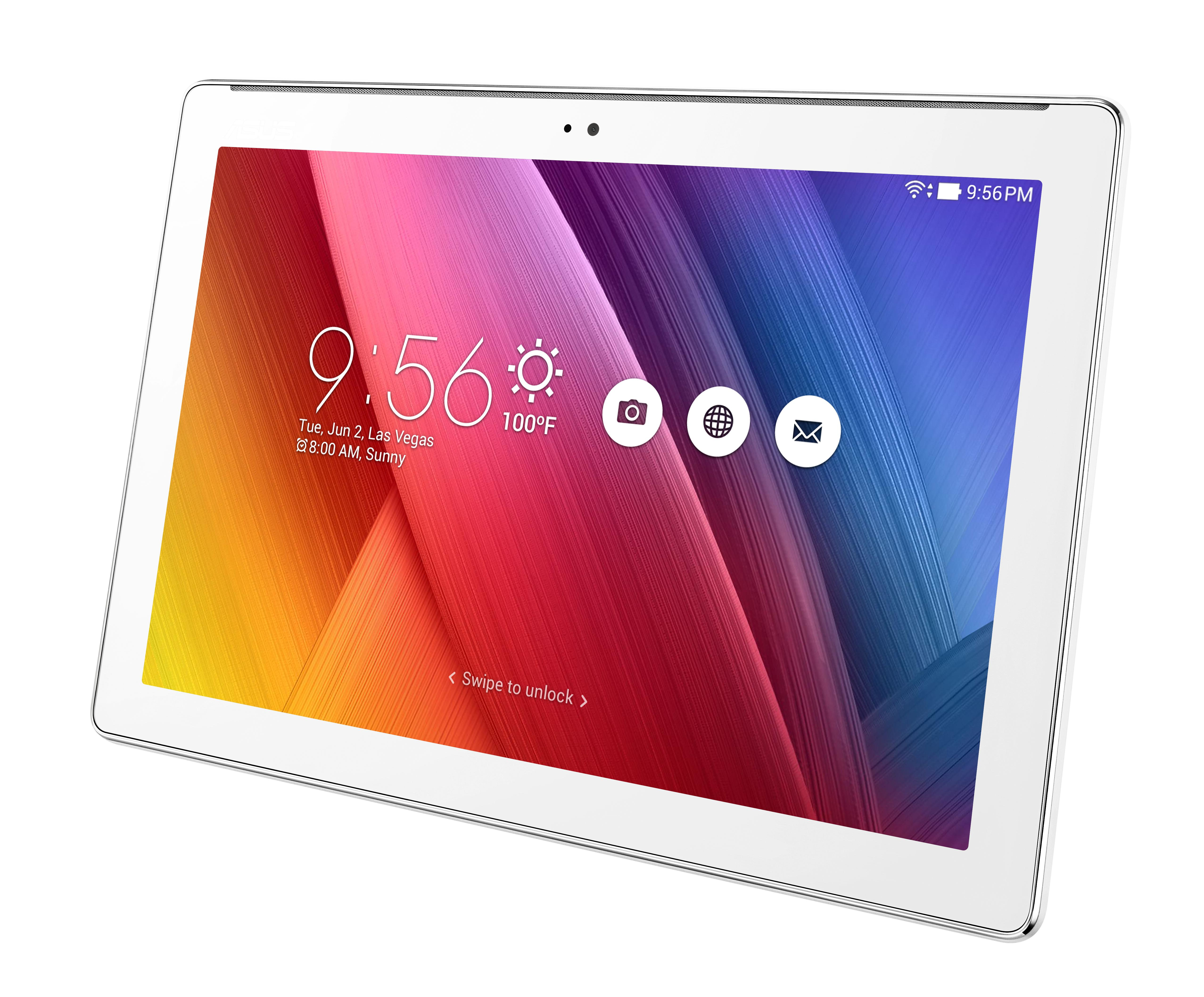 Weißes Tablet zeigt Zeit, Datum und Symbole auf buntem Hintergrund. Winkelansicht.