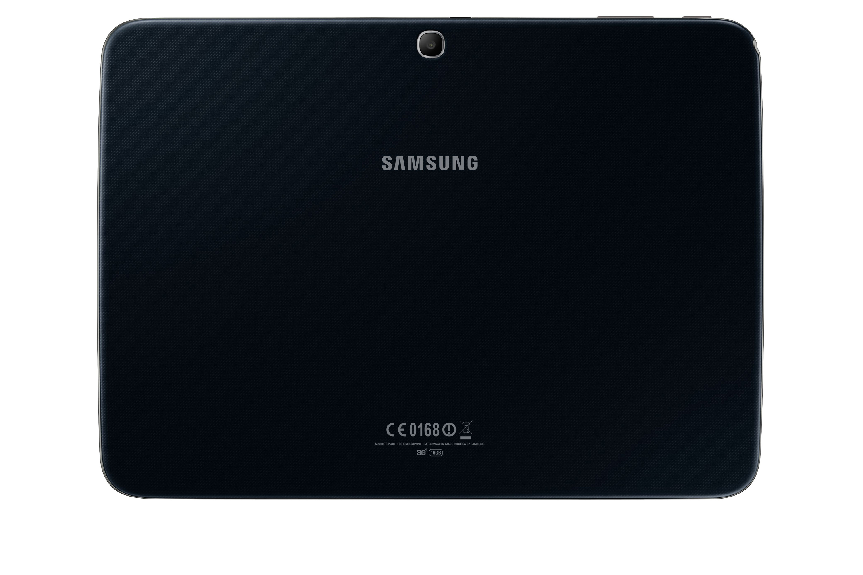 Schwarzes Samsung-Tablet, Rückansicht, zeigt das Samsung-Logo und Serieninformationen.
