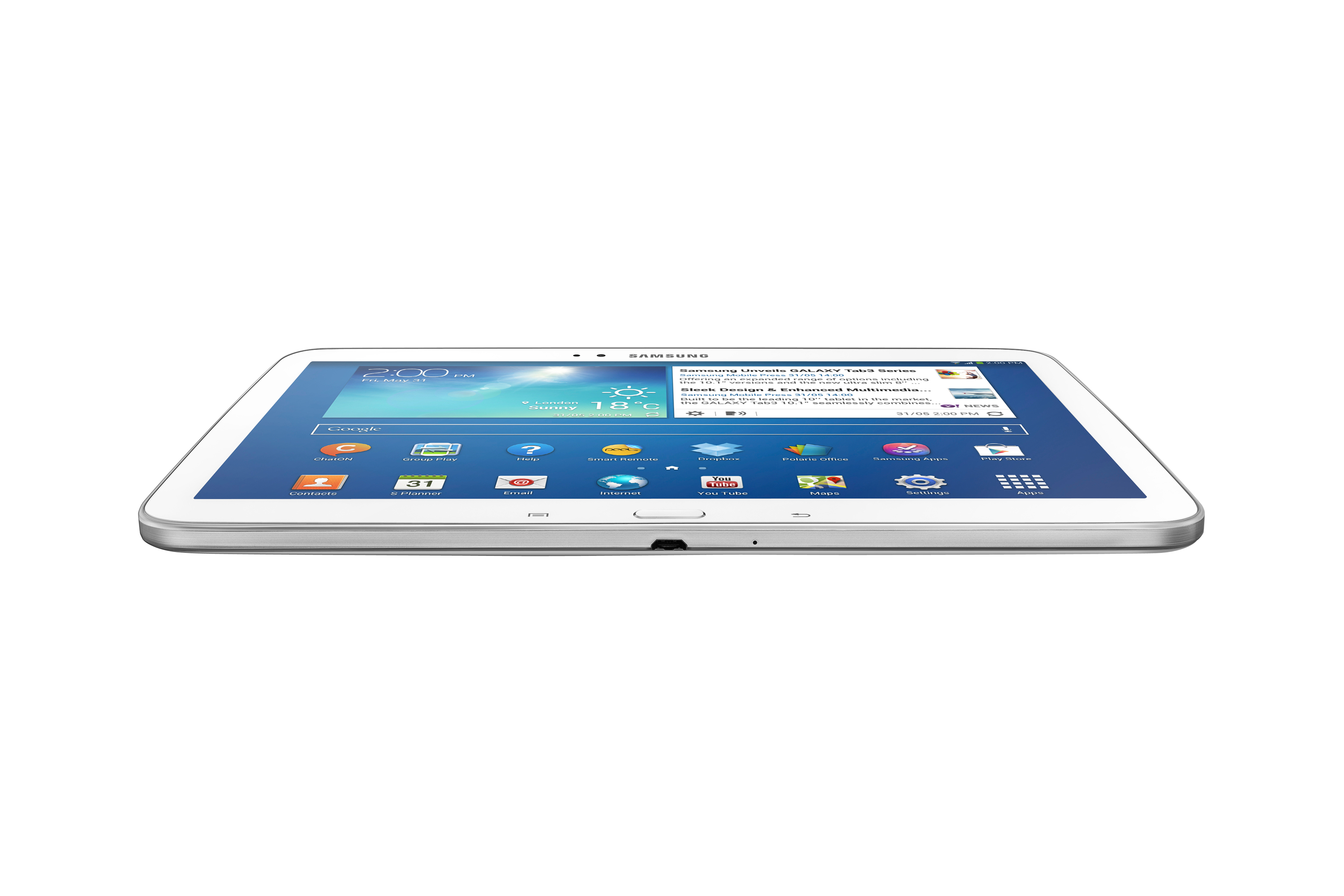 Silbernes Tablet mit schwarzem Bildschirm. Das Tablet ist leicht angewinkelt, weißer Hintergrund.