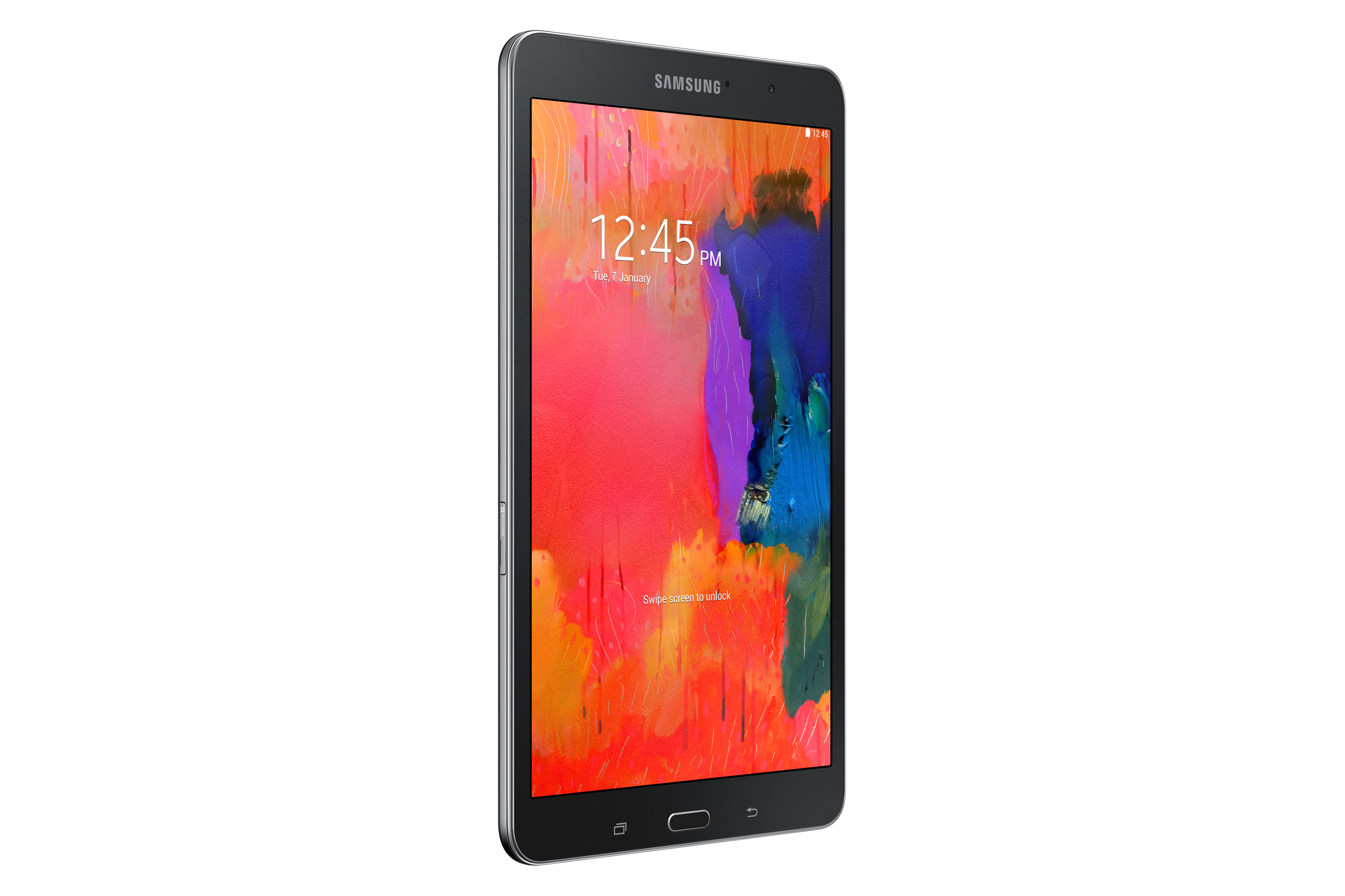 Schwarzes Samsung Tablet mit buntem, abstraktem Gemälde auf dem Bildschirm.