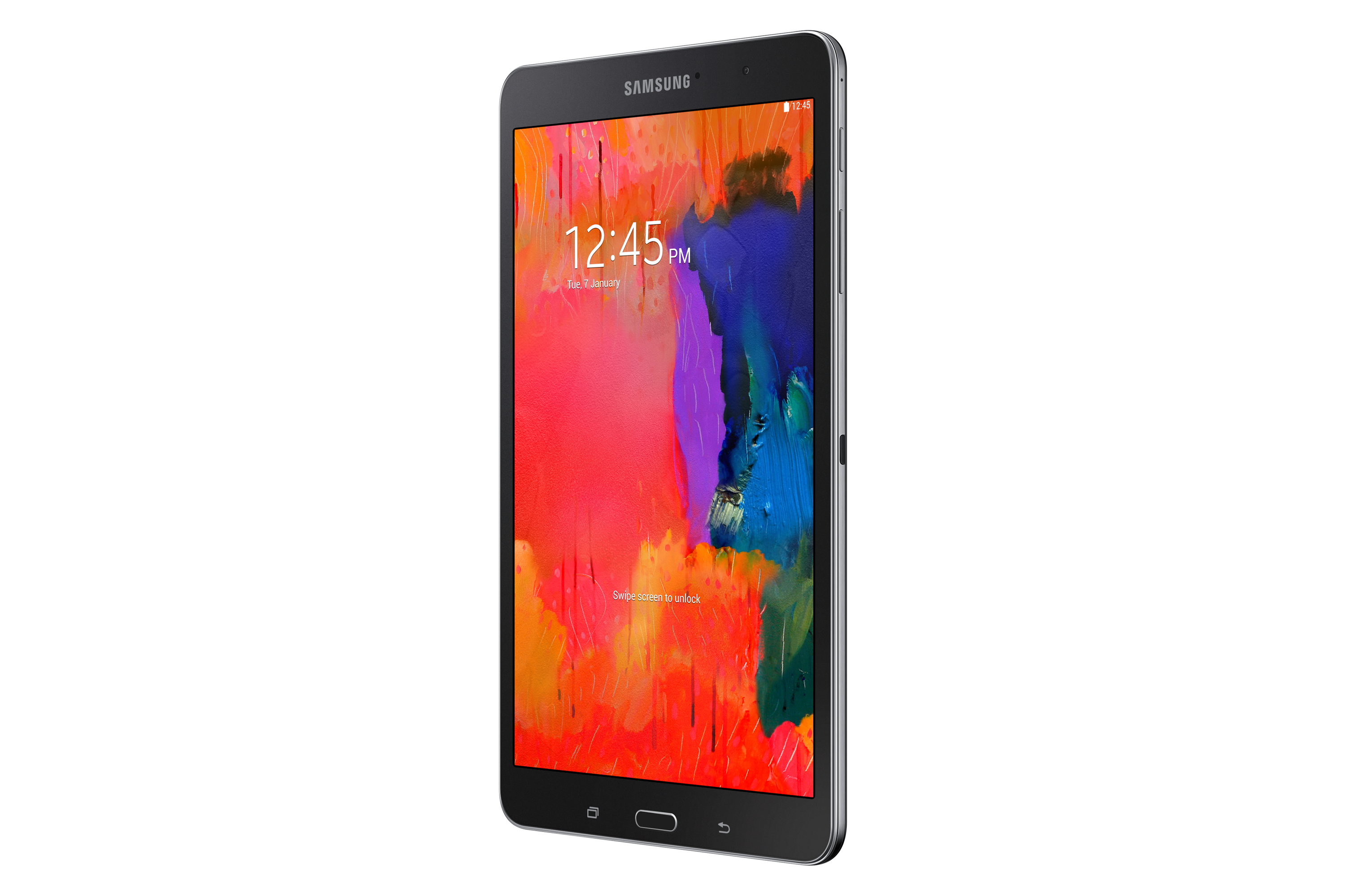Schwarzes Tablet am Rand, abstrakte farbenfrohe Kunst auf dem Bildschirm.