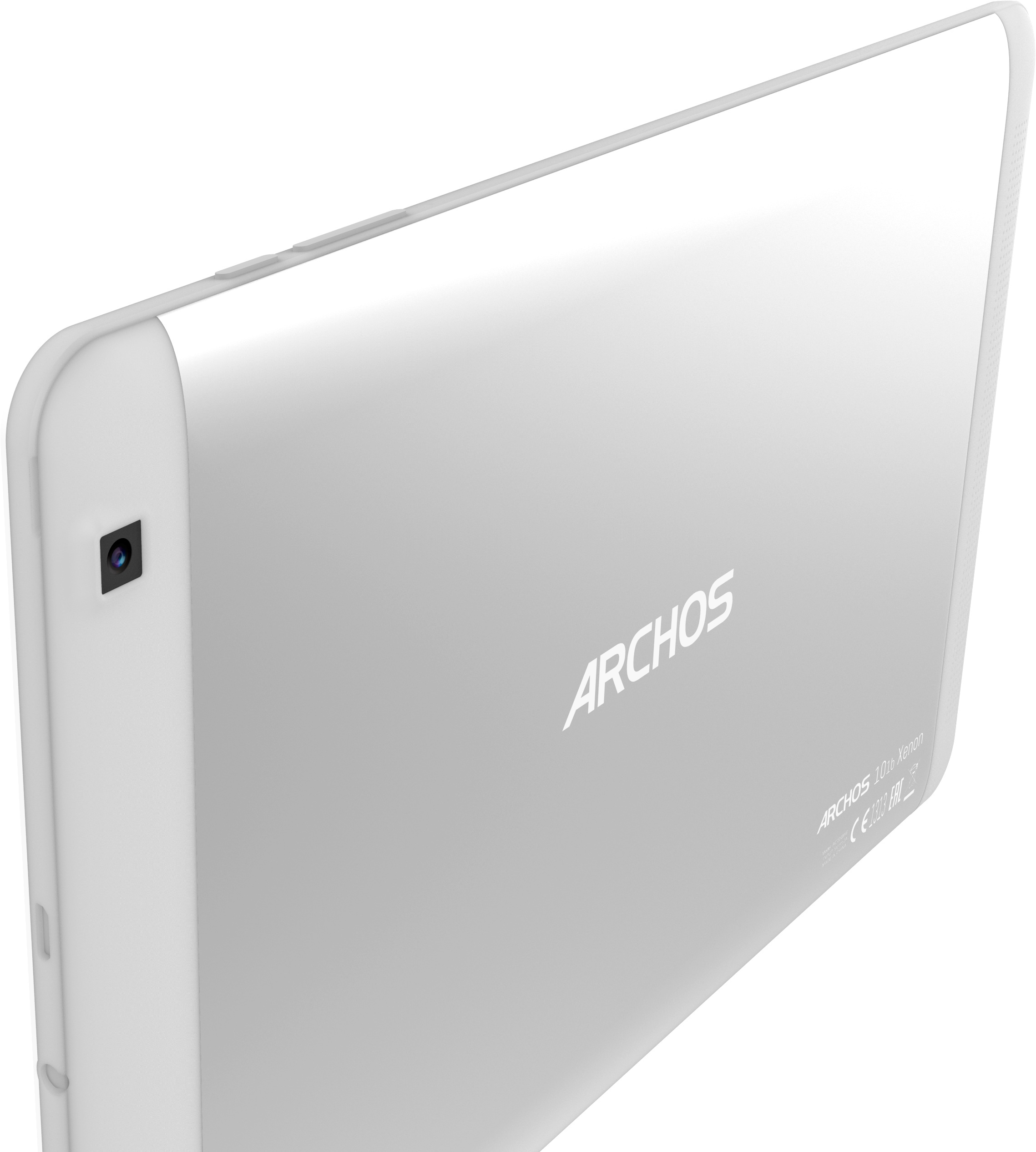 Weißes Archos Tablet-Rückseite mit Kamera und Logo. Das Tablet ist angewinkelt und zeigt die Seite.
