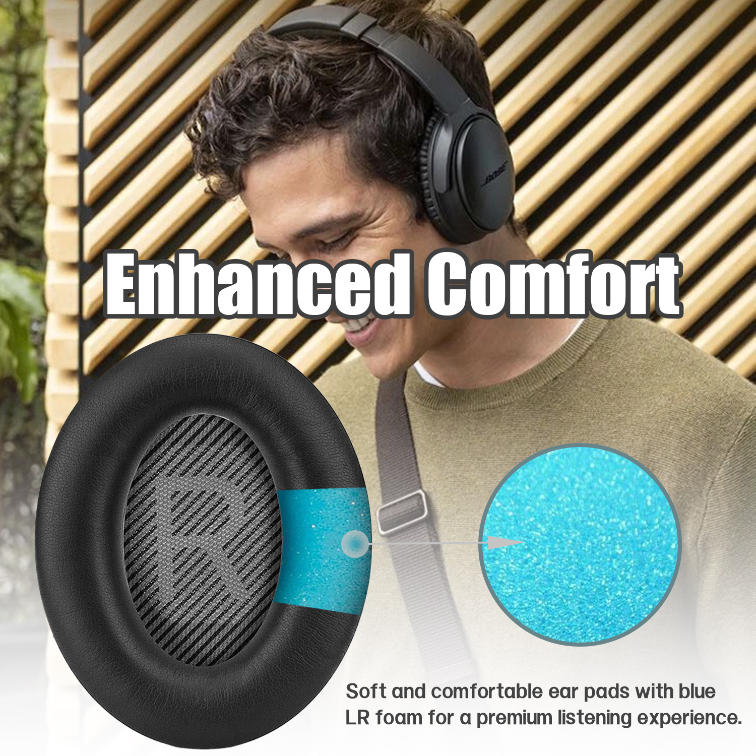 Mężczyzna w słuchawkach, pokazujący szczegóły nauszników z niebieską pianką dla wygody.