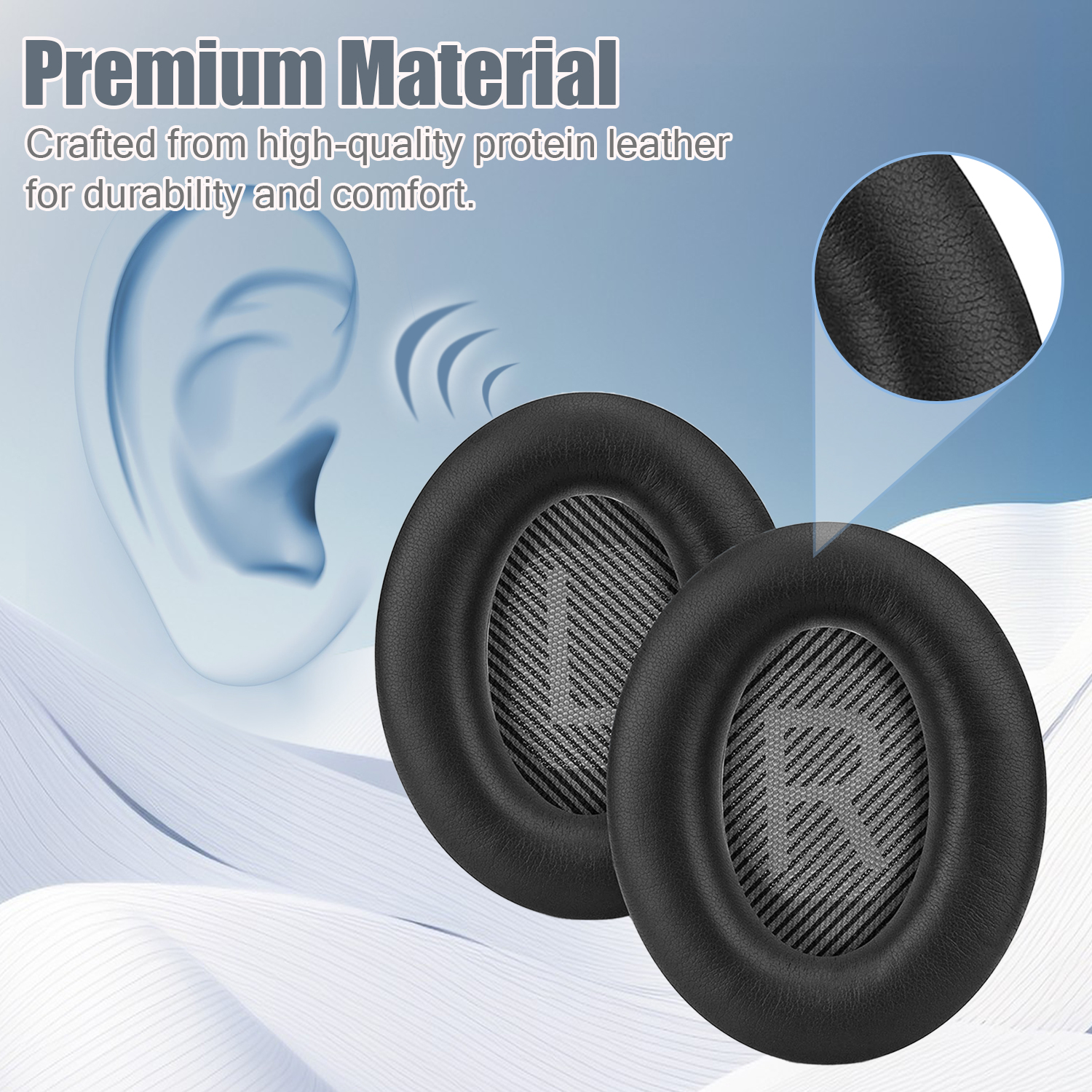 Czarne nauszniki z szarą siatką i literą 'R', obok ilustracji ucha.