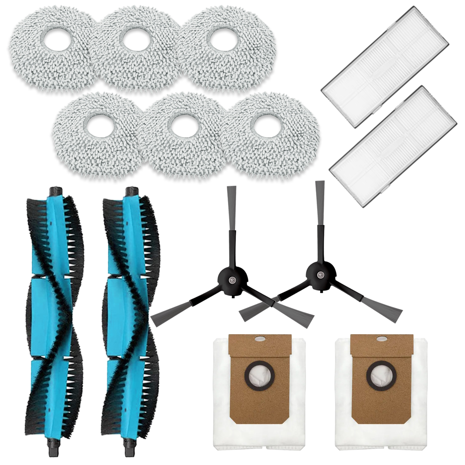 Akcesoria do robota sprzątającego: szczotki, filtry i nakładki czyszczące.